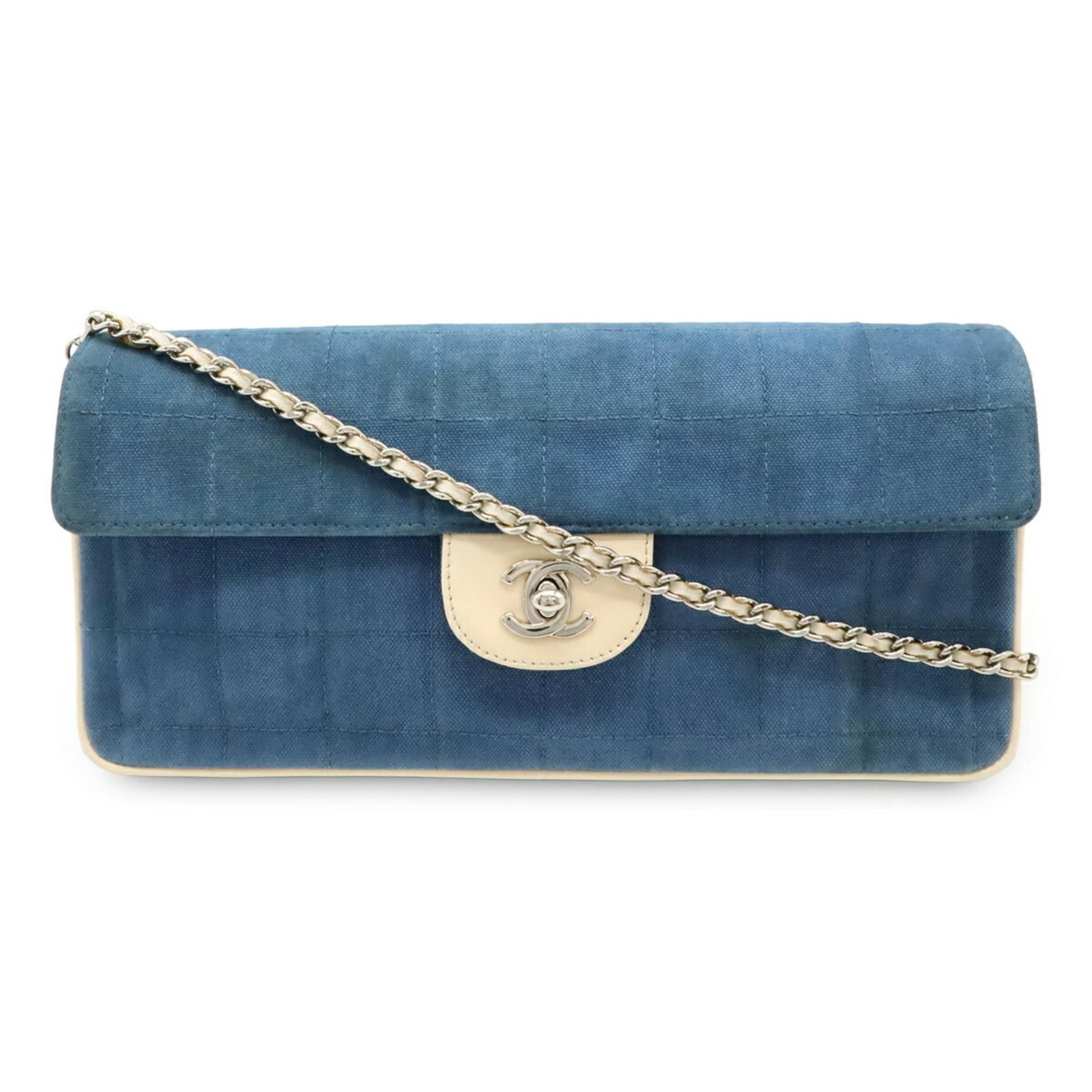 Chanel Shoulder Bag Canvas Leather: Chanel Shoulder Bag Canvas Leather Canvas and leather come together in this iconic Chanel shoulder bag. With its blue and ivory color combination, this stylish piece has been worn and shows signs of u