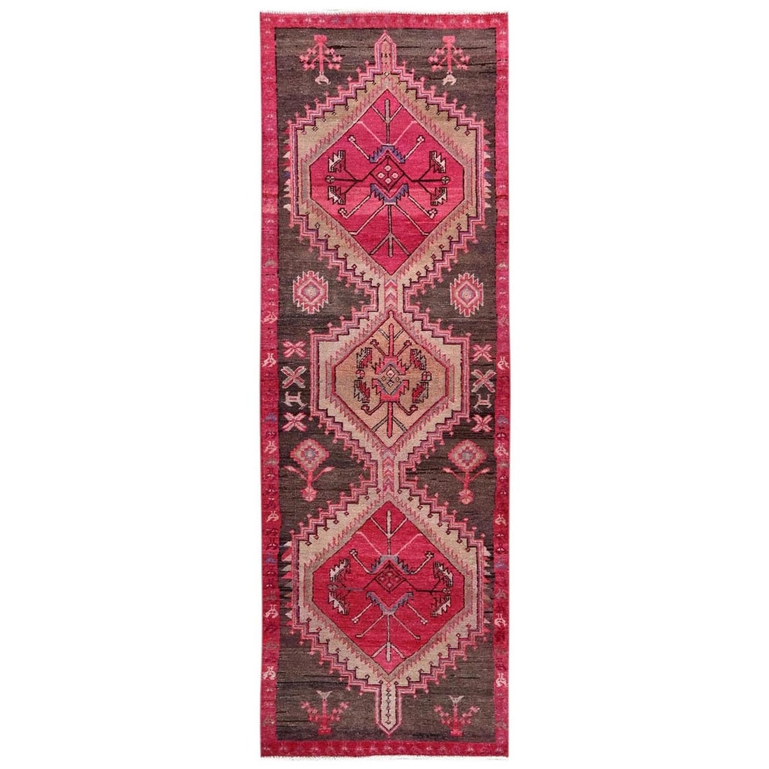 Strict Rules: Strictly use only brown vintage amadan hand knotted wool runner rug: Strict Rules: Strictly use only brown vintage amadan hand knotted wool runner rug This stunning brown vintage Amadan hand-knotted wool runner rug boasts an intricate medallion pattern and rich ivory a