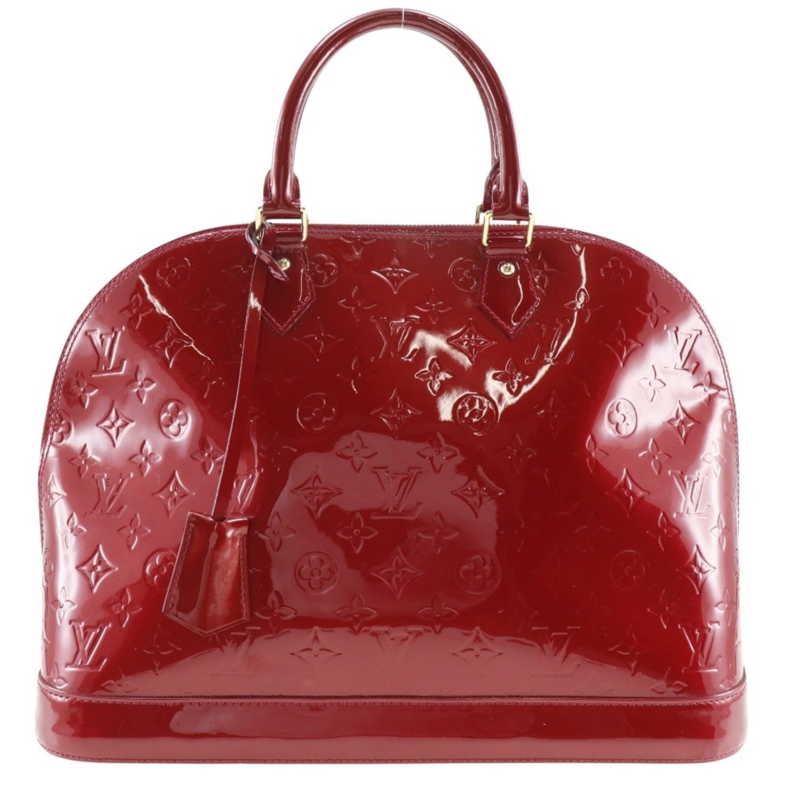 Louis Vuitton Handbag Monogram Vernis: Louis Vuitton Handbag Monogram Vernis The Louis Vuitton Handbag Monogram Vernis features a striking Pomme D'Amour red color and iconic monogram pattern. This used handbag measures 11cm x 39cm x 18.5cm