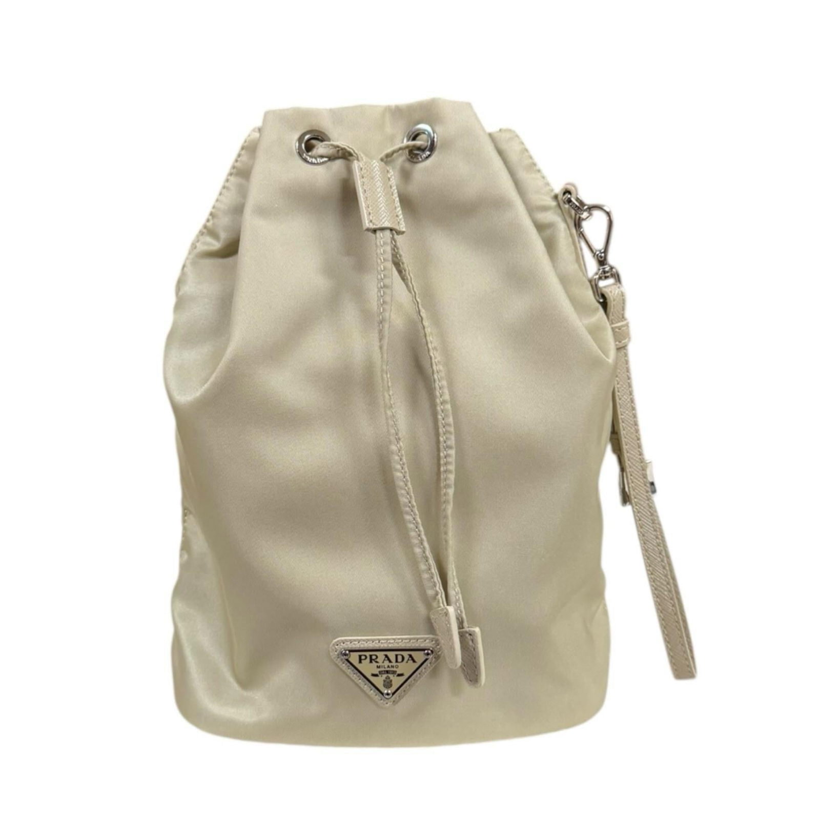 Prada Pouch: Prada Pouch The Prada Pouch is a stylish and functional accessory in beige, measuring 21cm x 16cm x 10cm. With its used condition featuring only minor traces of usage and some scratches/dirt, this pou
