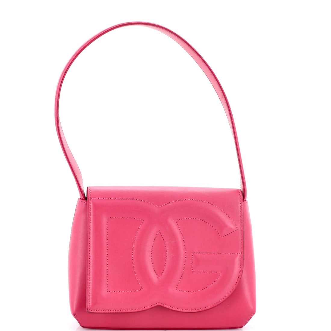 Logo flap bag leather small DG dolce gabbana: Logo flap bag leather small DG dolce gabbana Pink leather DG logo flap hobo bag with small size and great condition. The exterior features glitter residue, scuffs, corner wear, minor discoloration,