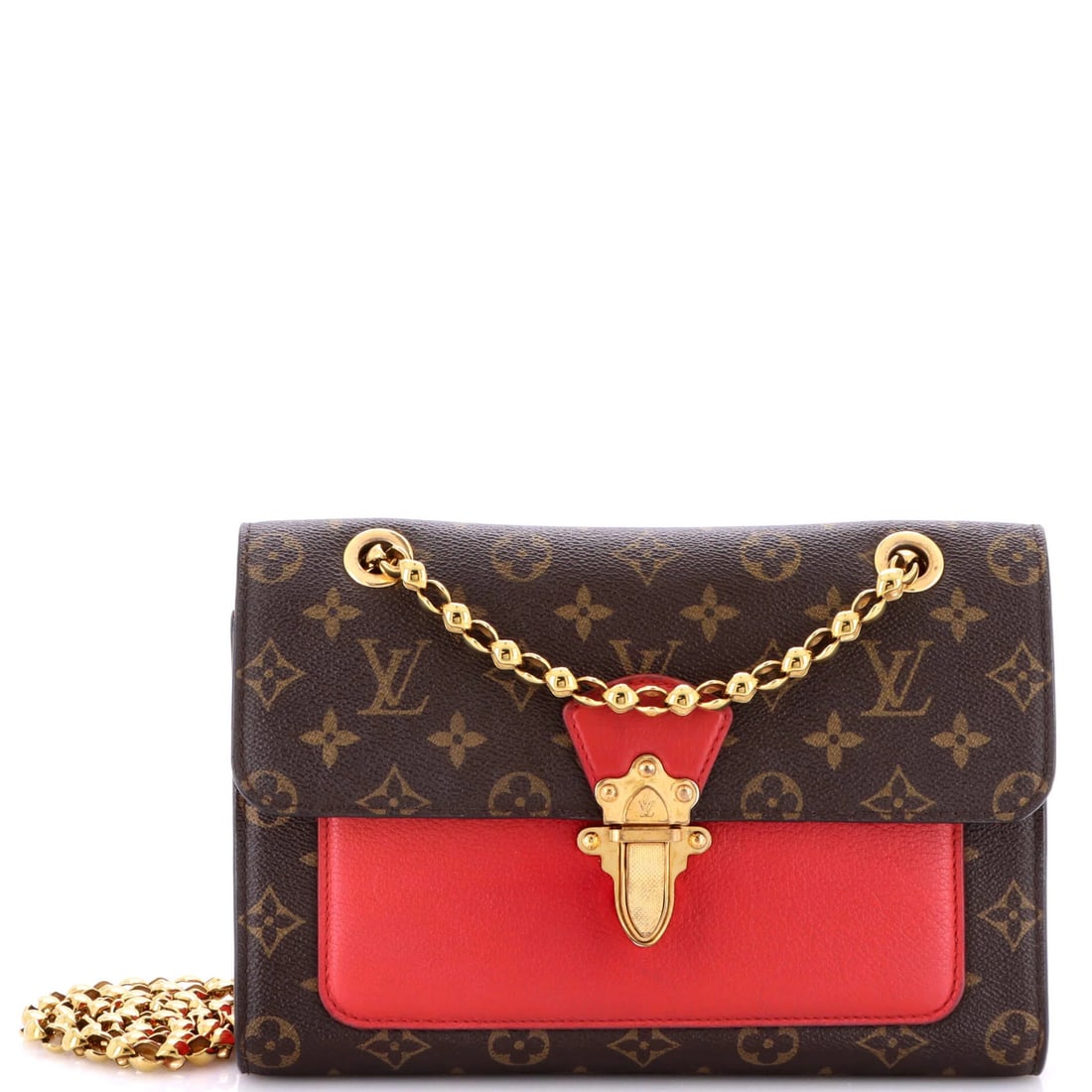Canvas Leather Monogram Handbag Victoire Louis Vuitton: Canvas Leather Monogram Handbag Victoire Louis Vuitton The Louis Vuitton Canvas Leather Monogram Victoire Handbag boasts a striking red exterior with brown and red accents, adorned with iconic monogra