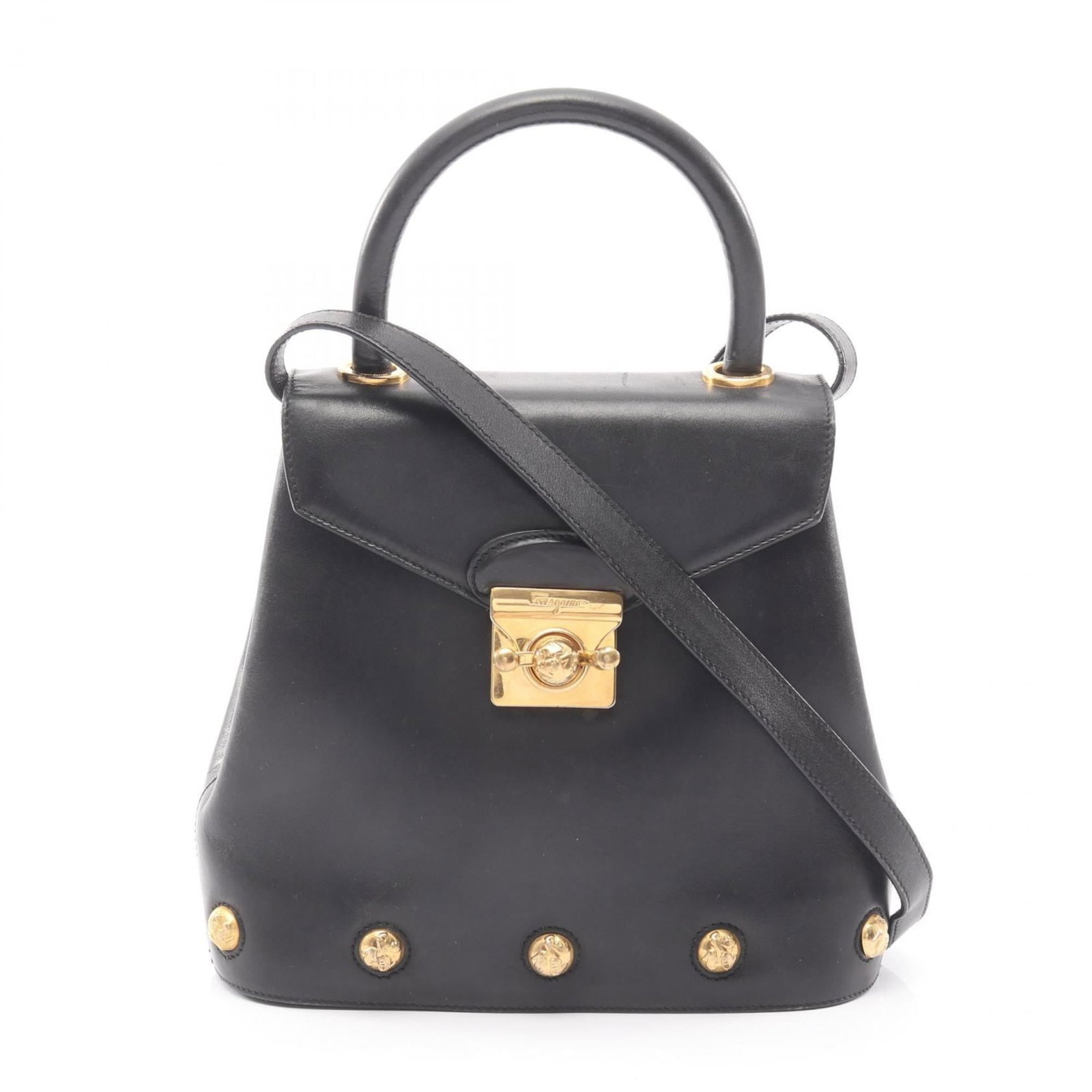 Salvatore Ferragamo Handbag Leather: Salvatore Ferragamo Handbag Leather This Salvatore Ferragamo handbag features high-quality black leather construction with a classic design. The bag measures 22cm x 25cm x 8cm and shows signs of