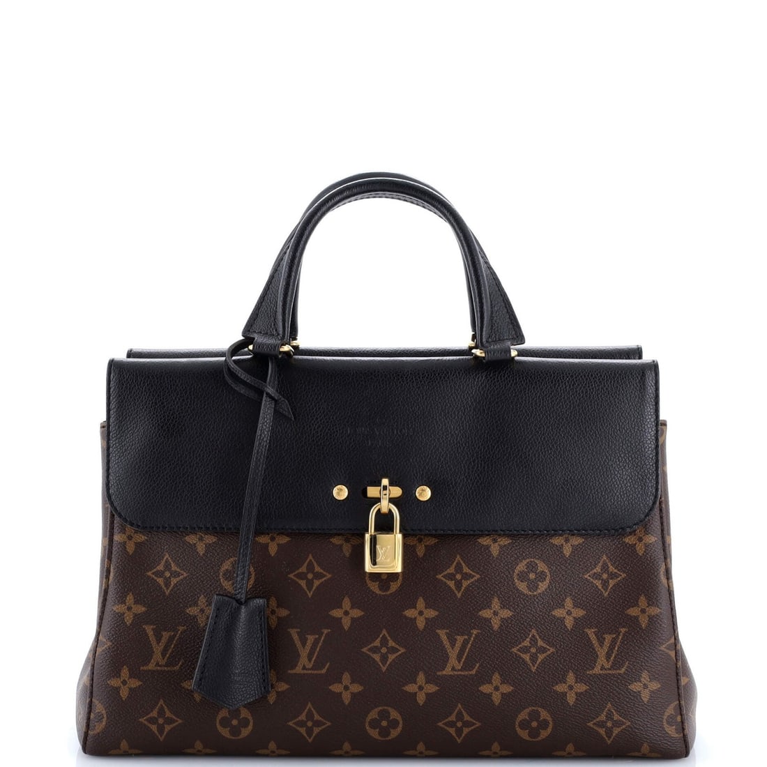 Louis Vuitton canvas leather handbag monogram: Louis Vuitton canvas leather handbag monogram The Louis Vuitton canvas leather handbag monogram features a classic black and brown design with gold hardware. With its sturdy handle drop of 5" and inte