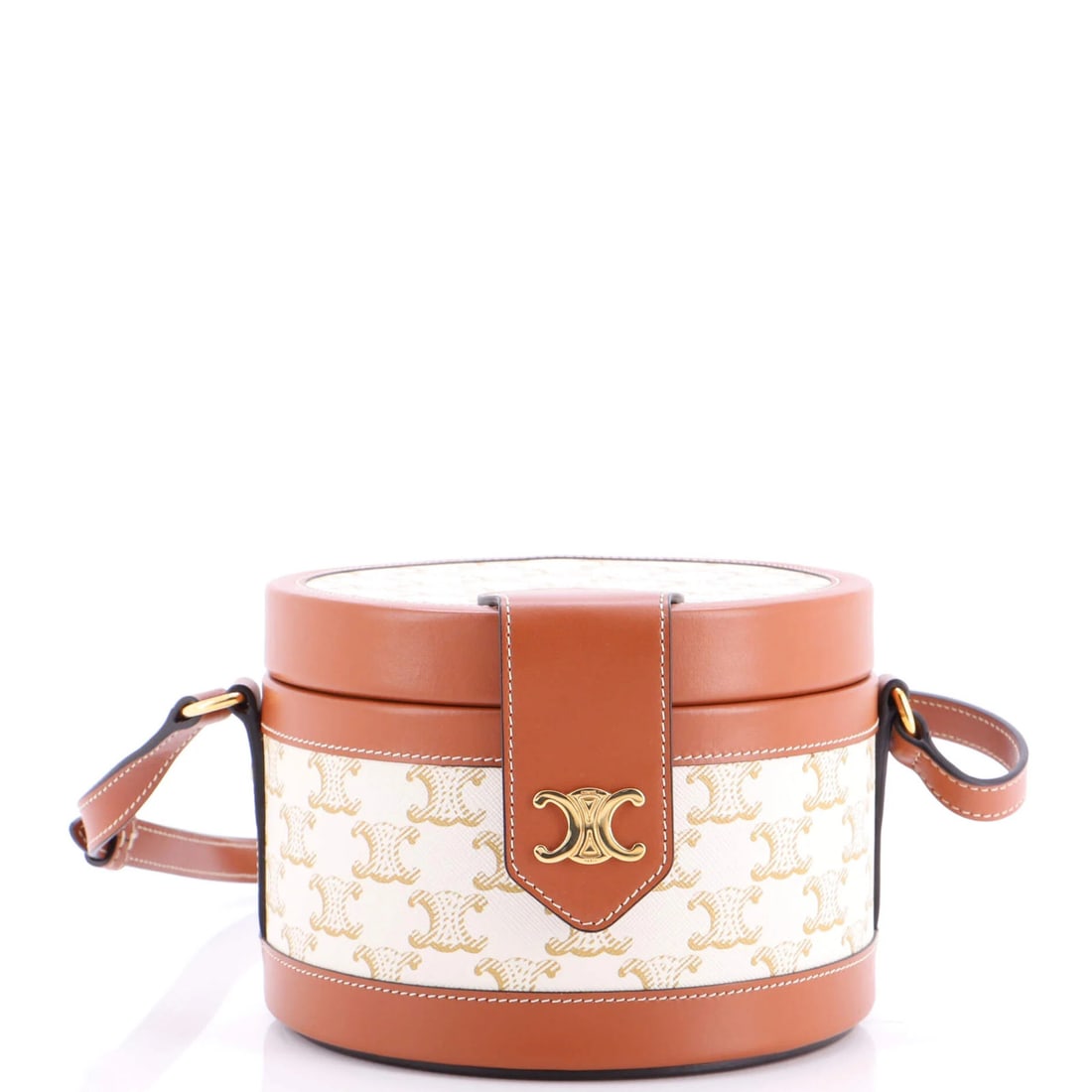 Medium coated canvas bag triumphant: Medium coated canvas bag triumphant The Celine Tambour Bag Triomphe Coated Canvas Medium is a stylish and practical medium-sized cross body bag. With its neutral brown exterior and gold hardware, this