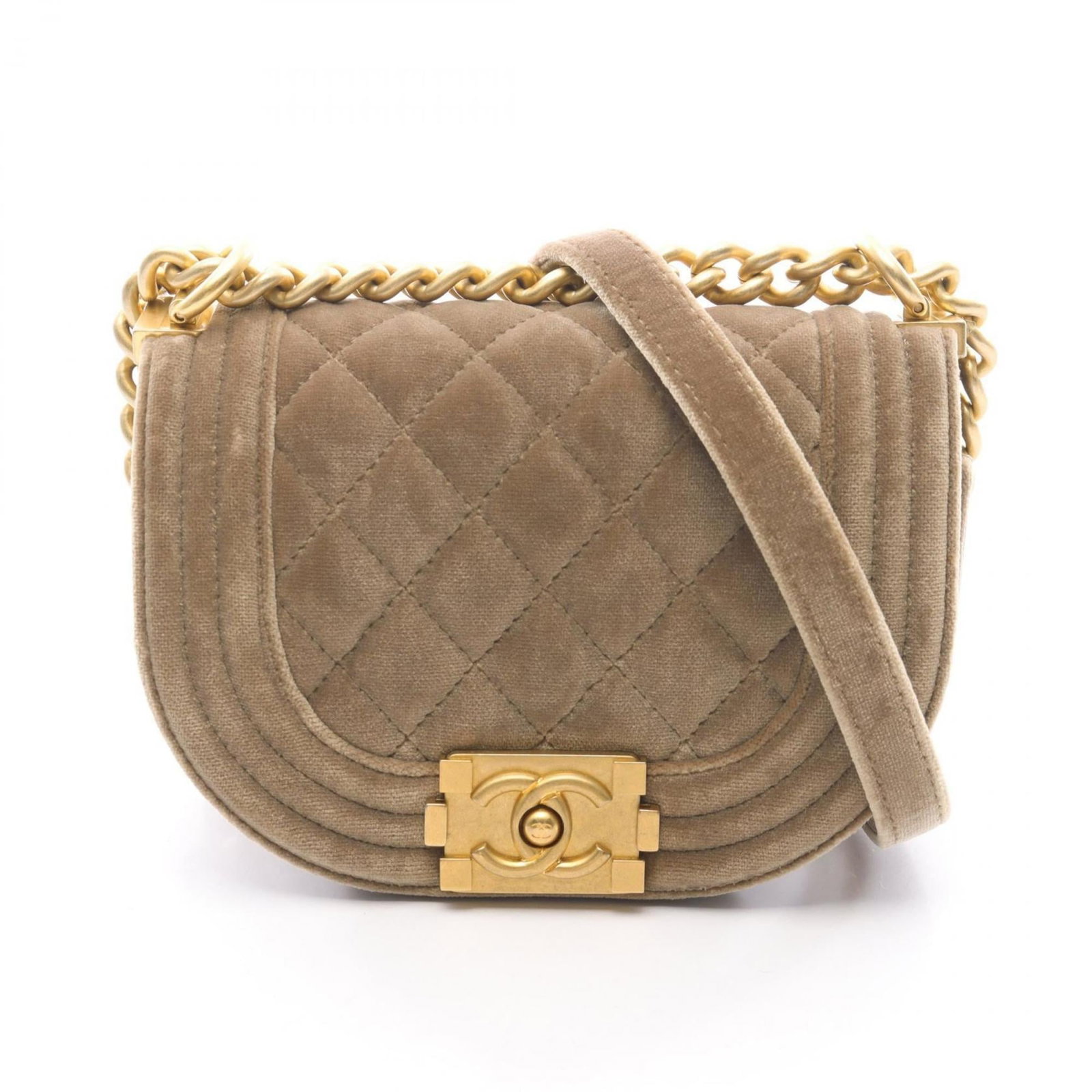 Chanel Shoulder Bag Fabric: Chanel Shoulder Bag Fabric Chanel Shoulder Bag Fabric for sale. This khaki-colored fabric features a classic Chanel design and measures 9cm x 10cm x 3cm. Used in very good condition with some minor sc