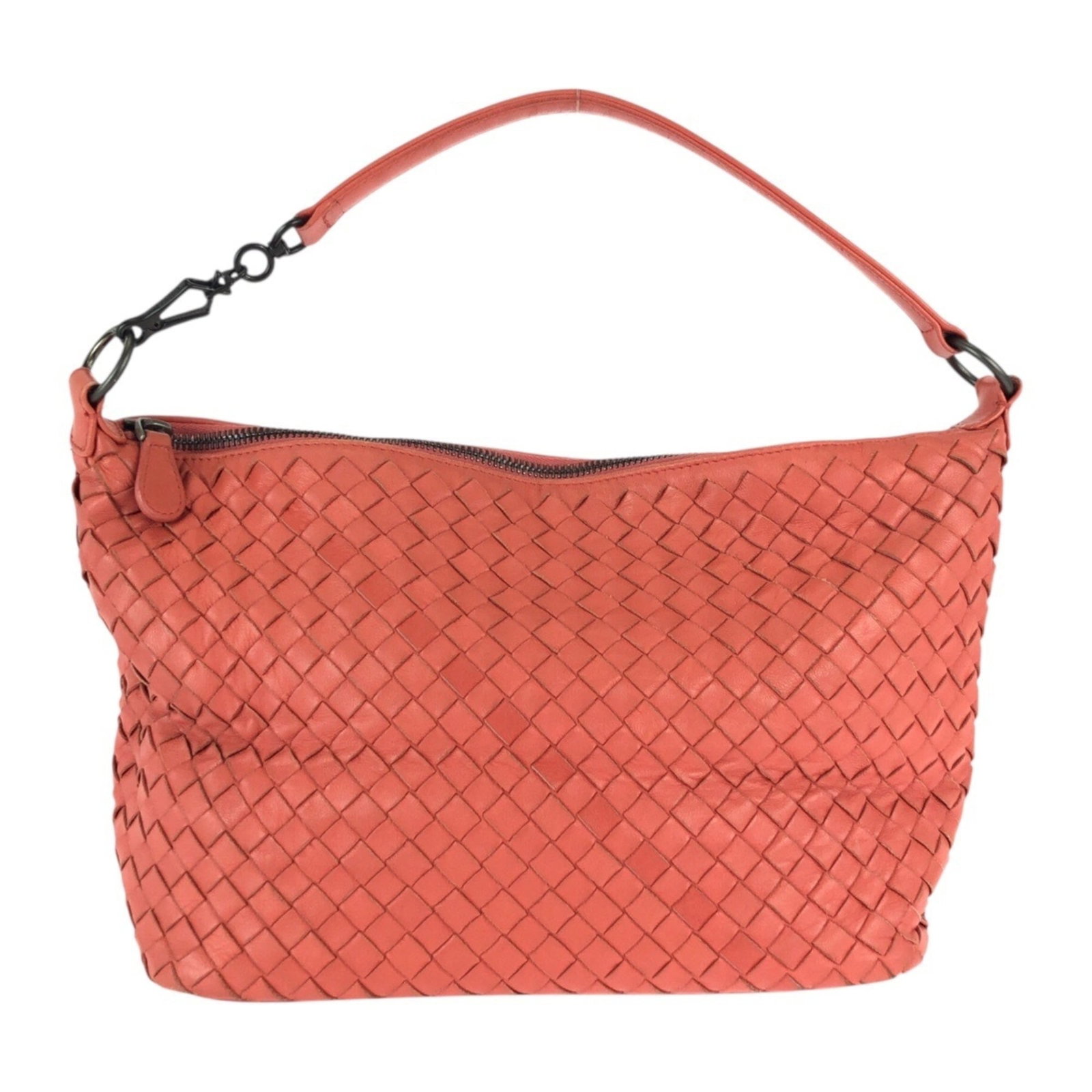 Bottega Veneta Handbag Shoulder Bag Intrecciato: Bottega Veneta Handbag Shoulder Bag Intrecciato Bottega Veneta's iconic Intrecciato design is showcased in this salmon pink shoulder bag, featuring the brand's signature woven pattern. The bag has