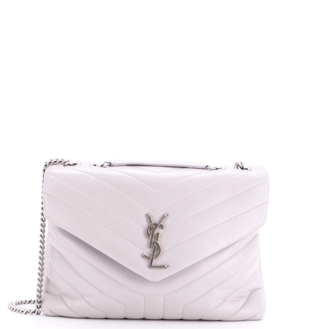 Loulou by Saint Laurent Medium Chevre Handbag: Loulou by Saint Laurent Medium Chevre Handbag The Loulou by Saint Laurent Medium Chevre Handbag boasts a timeless design with a distinctive matelasse chevron leather exterior in a sophisticated gray h