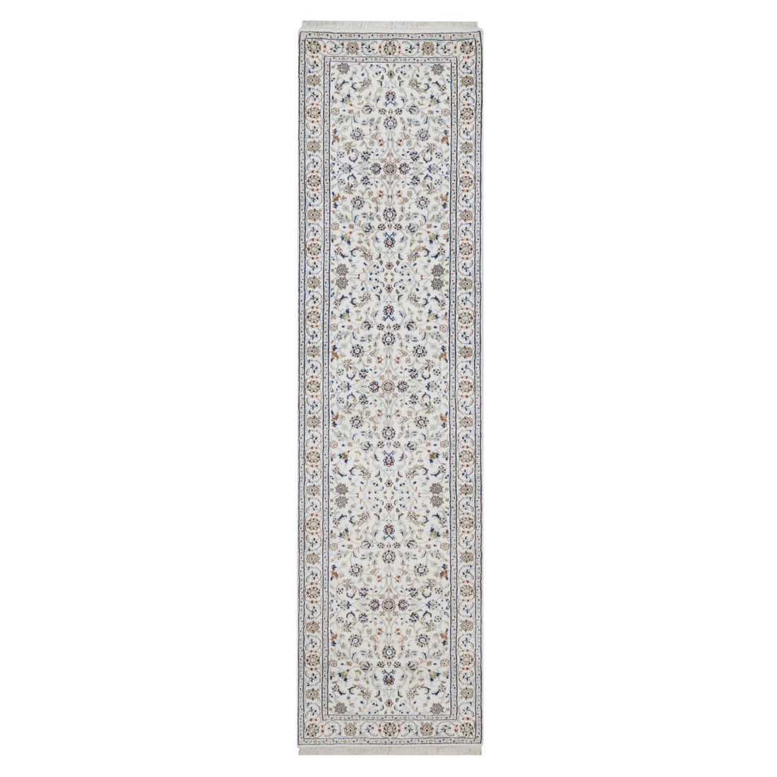 Hand knotted ivory wool silk rug nain flower design 27x102 inches: Hand knotted ivory wool silk rug nain flower design 27x102 inches Hand-knotted with wool and silk, this stunning Nain-style rug boasts an all-over floral design in rich ivory hues. Measuring 27x102 in