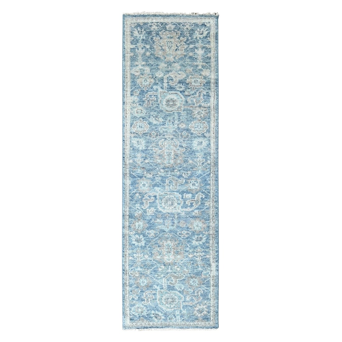 Imperial Blue Oushak Design 26x85 Soft Wool Runner Rug: Imperial Blue Oushak Design 26x85 Soft Wool Runner Rug Softly glowing with an Imperial Blue hue, this hand-knotted Oushak design rug boasts a rich, woolen pile and intricate regional pattern inspired 