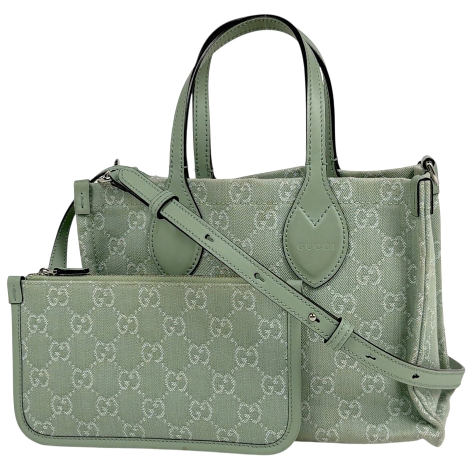 Gucci Pouch Shoulder Bag Tote Bag Denim Leather: Gucci Pouch Shoulder Bag Tote Bag Denim Leather Gucci's iconic Pouch Shoulder Bag Tote Bag in light green denim leather offers a stylish and versatile accessory for women. With its classic design and 