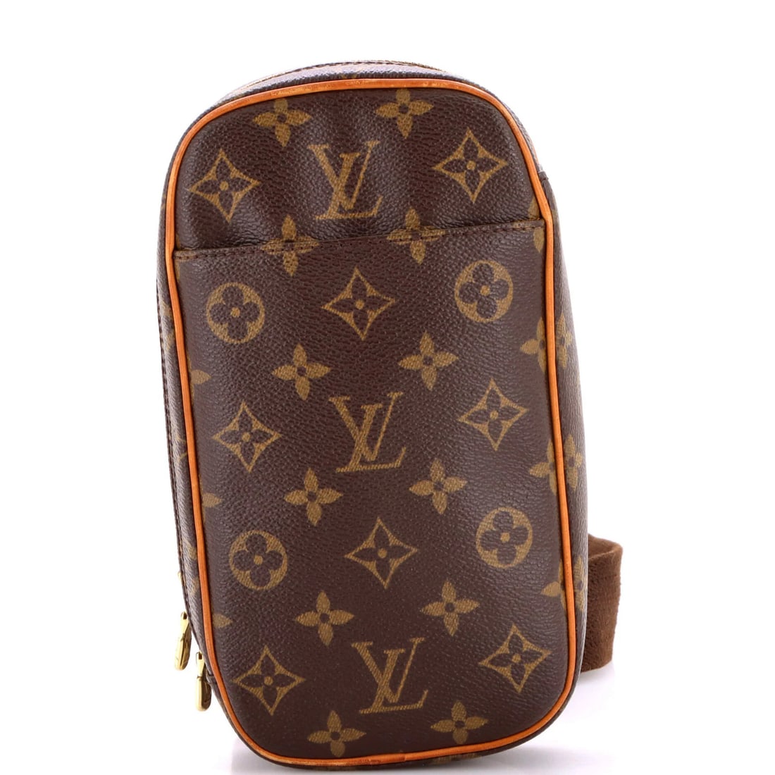 Monogram Canvas Pochette Louis Vuitton: Monogram Canvas Pochette Louis Vuitton The Monogram Canvas Pochette Louis Vuitton boasts its iconic brown exterior with scuffs and edge wear, giving it a worn-in look. Measuring 9" in height, 5" in wi
