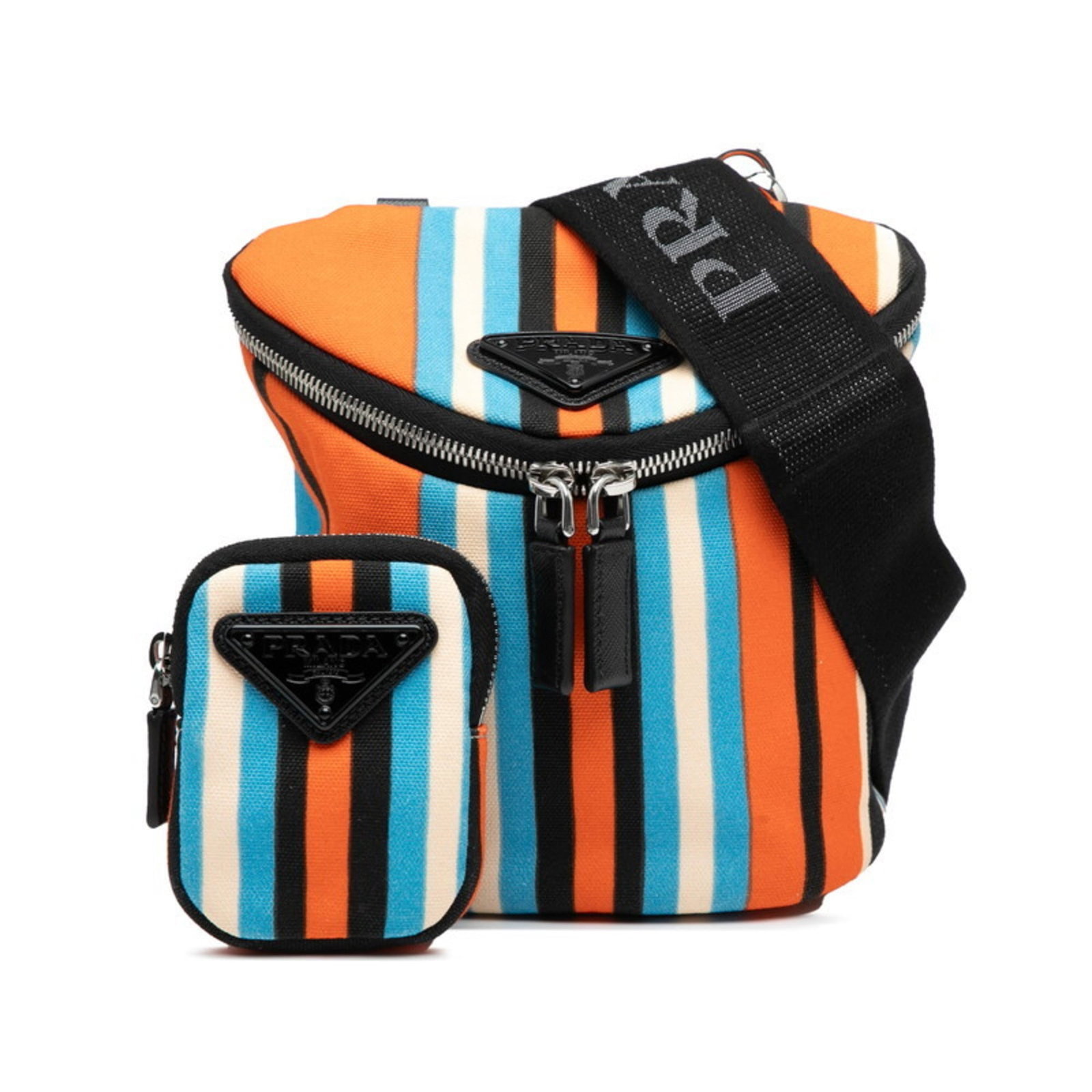 Prada Shoulder Bag Canvas Leather: Prada Shoulder Bag Canvas Leather Canvas and leather combine in this versatile Prada shoulder bag, available in black, multi-color, and orange hues. Measuring 18cm x 471cm x 14cm, its unique size make