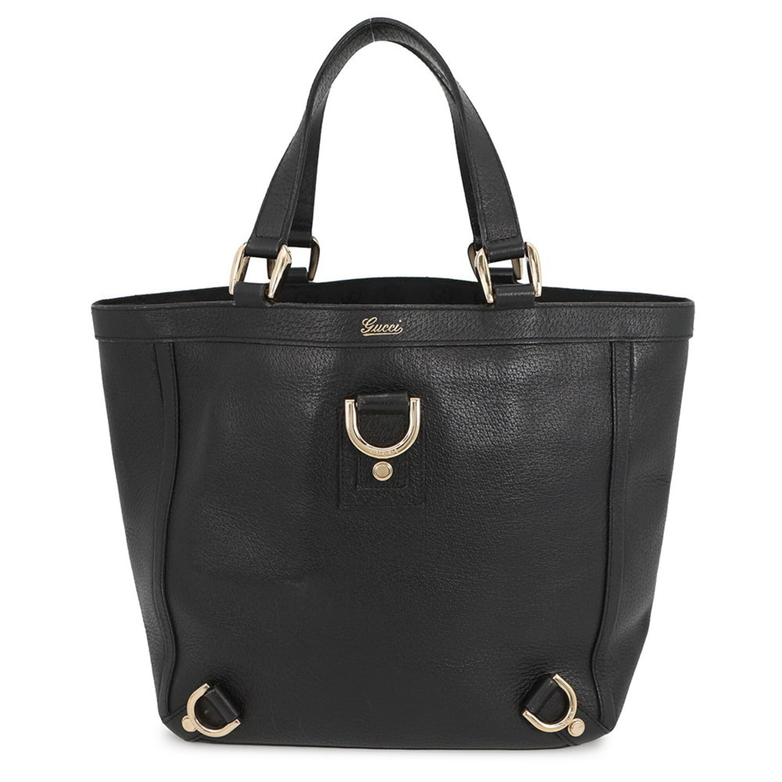 Gucci Handbag Tote Bag Leather: Gucci Handbag Tote Bag Leather Black Gucci leather tote bag with gold hardware and open closure. This used handbag features some scratches and dirt, but remains in very good condition overall. Weighin