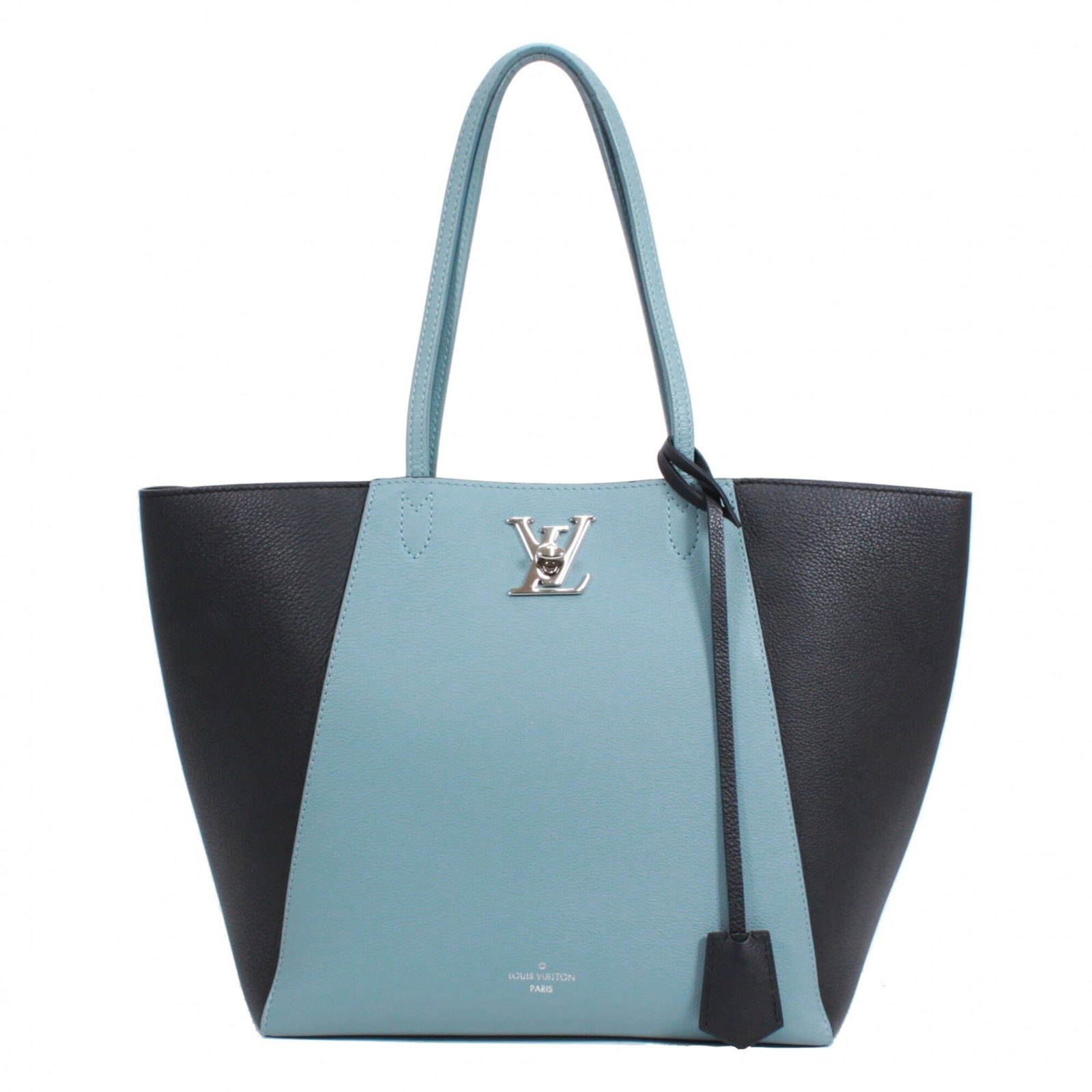 Louis Vuitton Handbag Tote Bag Leather: Louis Vuitton Handbag Tote Bag Leather Black or Blue Louis Vuitton Leather Tote Bag - A few traces of usage can be seen on this used tote bag, with some scratches and dirt visible. Despite its worn co
