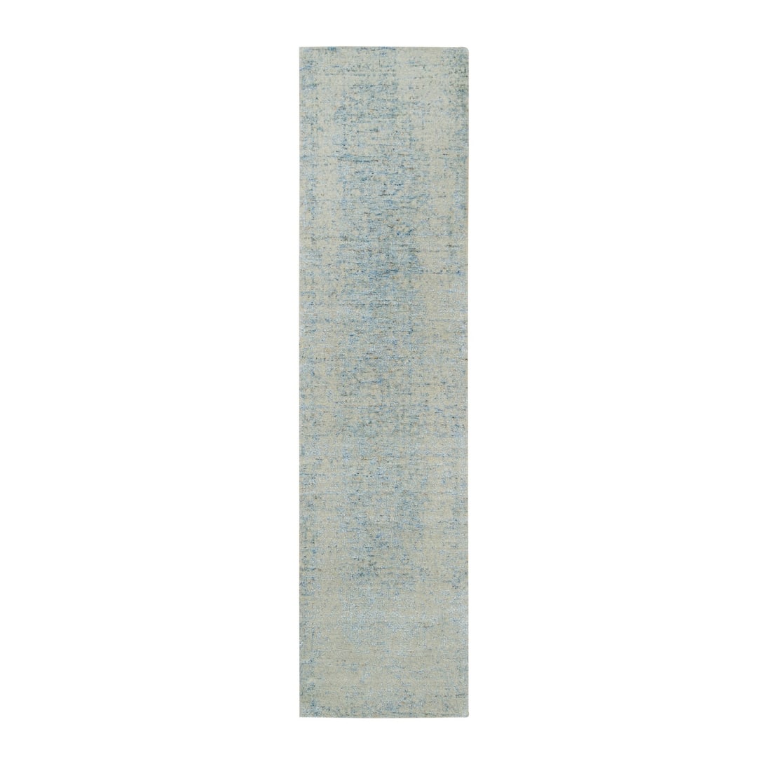 Hand loomed modern wool silk gray runner 26x10 feet: Hand loomed modern wool silk gray runner 26x10 feet Modern hand-loomed wool and silk gray runner spans 26 feet in length, offering a unique indoor space solution. This power-loomed rug features an