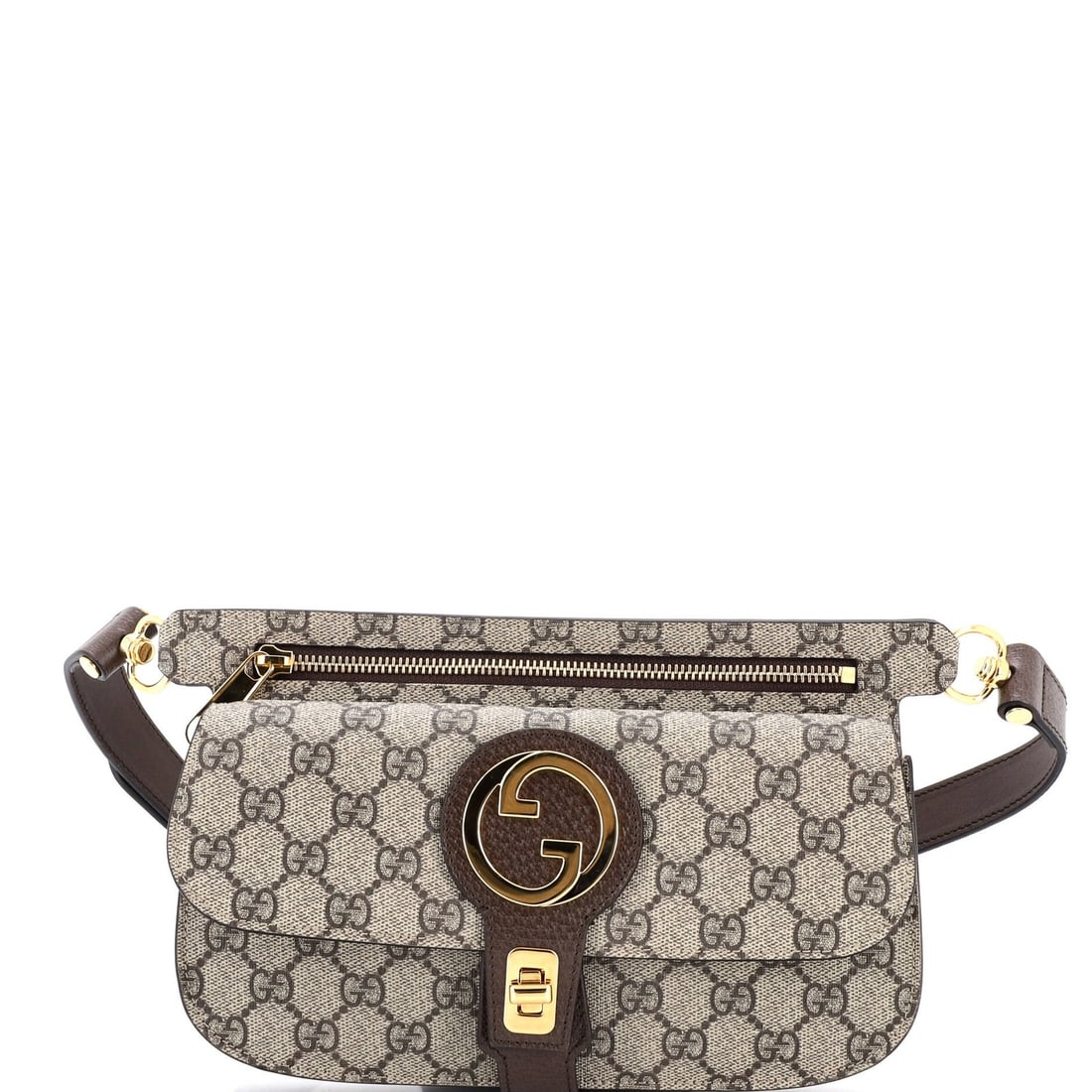 Gucci GG Coated Canvas Pocket Flap Blondie Bag Belt: Gucci GG Coated Canvas Pocket Flap Blondie Bag Belt The Gucci GG Coated Canvas Pocket Flap Blondie Bag Belt boasts a rich, brown exterior with minor scuffs and creases, giving it a worn-in look. This 