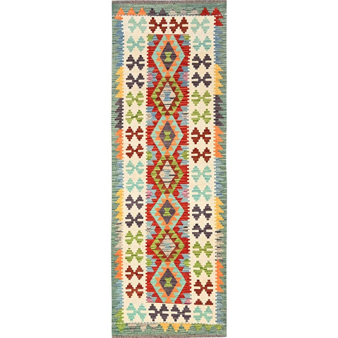 Colorful Afghan Kilim 100% Wool Rug Flat Weave Hand Woven 2'8"x8'1: Colorful Afghan Kilim 100% Wool Rug Flat Weave Hand Woven 2'8"x8'1 The vibrant colors of this Afghan kilim rug create a stunning visual effect, with its multicolored field and geometric pattern