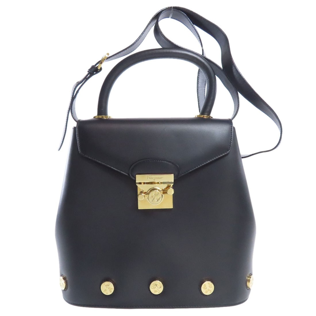Handbag Leather Salvatore Ferragamo 2Way: Handbag Leather Salvatore Ferragamo 2Way This Salvatore Ferragamo Handbag features black leather exterior and boasts a unique 2Way design. The sleek and sophisticated look of this handbag makes it a