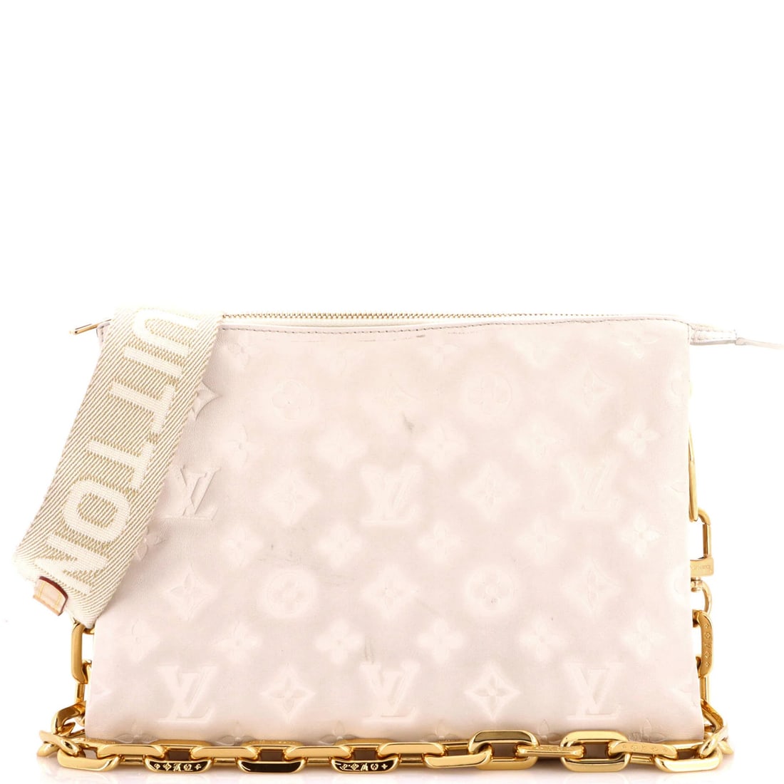 Monogram Lambskin PM Louis Vuitton: Monogram Lambskin PM Louis Vuitton The Monogram Lambskin PM Louis Vuitton cross body bag boasts a striking white exterior with an iconic monogram embossed design. This stylish accessory features a spa