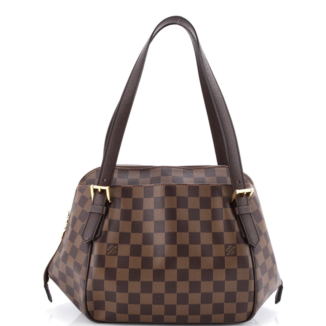Damier MM Louis Vuitton Belem Handbag: Damier MM Louis Vuitton Belem Handbag Brown Damier MM Louis Vuitton Belem Handbag with scuffs, cracking, and minor creases on exterior canvas coating. The bag features gold hardware and orange fabric