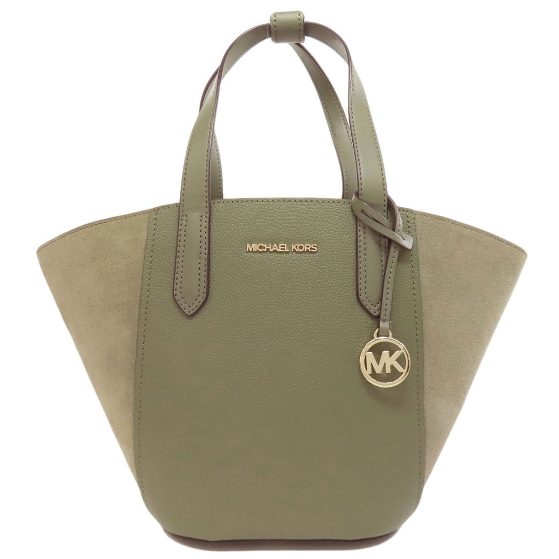Logo tote bag made from leather suede by Michael Kors: Logo tote bag made from leather suede by Michael Kors Made from luxurious leather suede, this Michael Kors green tote bag boasts a stylish and sophisticated design. The exterior features a vibrant gre