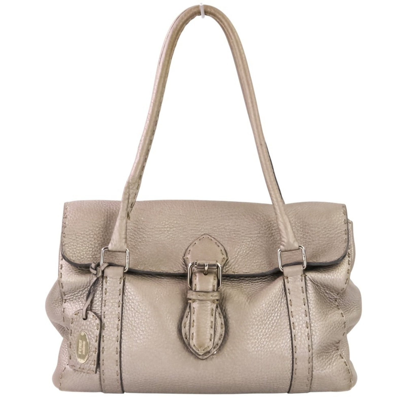 Fendi Handbag Tote Bag: Fendi Handbag Tote Bag The Fendi Handbag Tote Bag is a metallic gray tote with a distinctive design. With its size at 20cm x 31cm x 11.5cm, this bag offers ample space for everyday essentials. In good