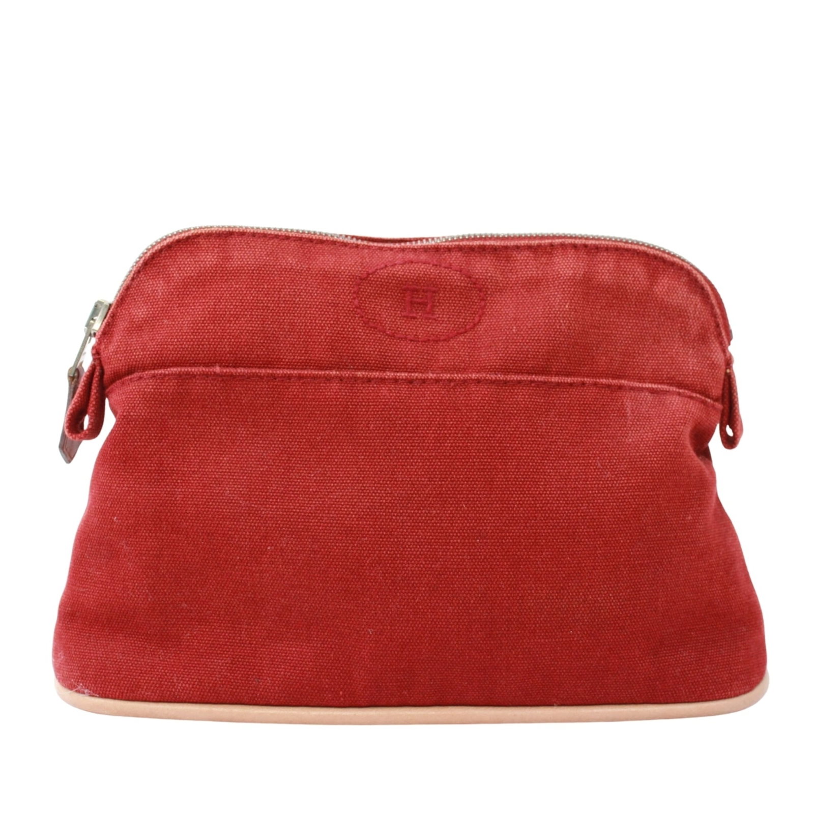 Hermes Pouch Canvas Leather: Hermes Pouch Canvas Leather Canvas and leather combine in this vibrant red Herm?s pouch, its canvas exterior bearing subtle signs of use while its leather interior remains well-preserved. The pouch's 