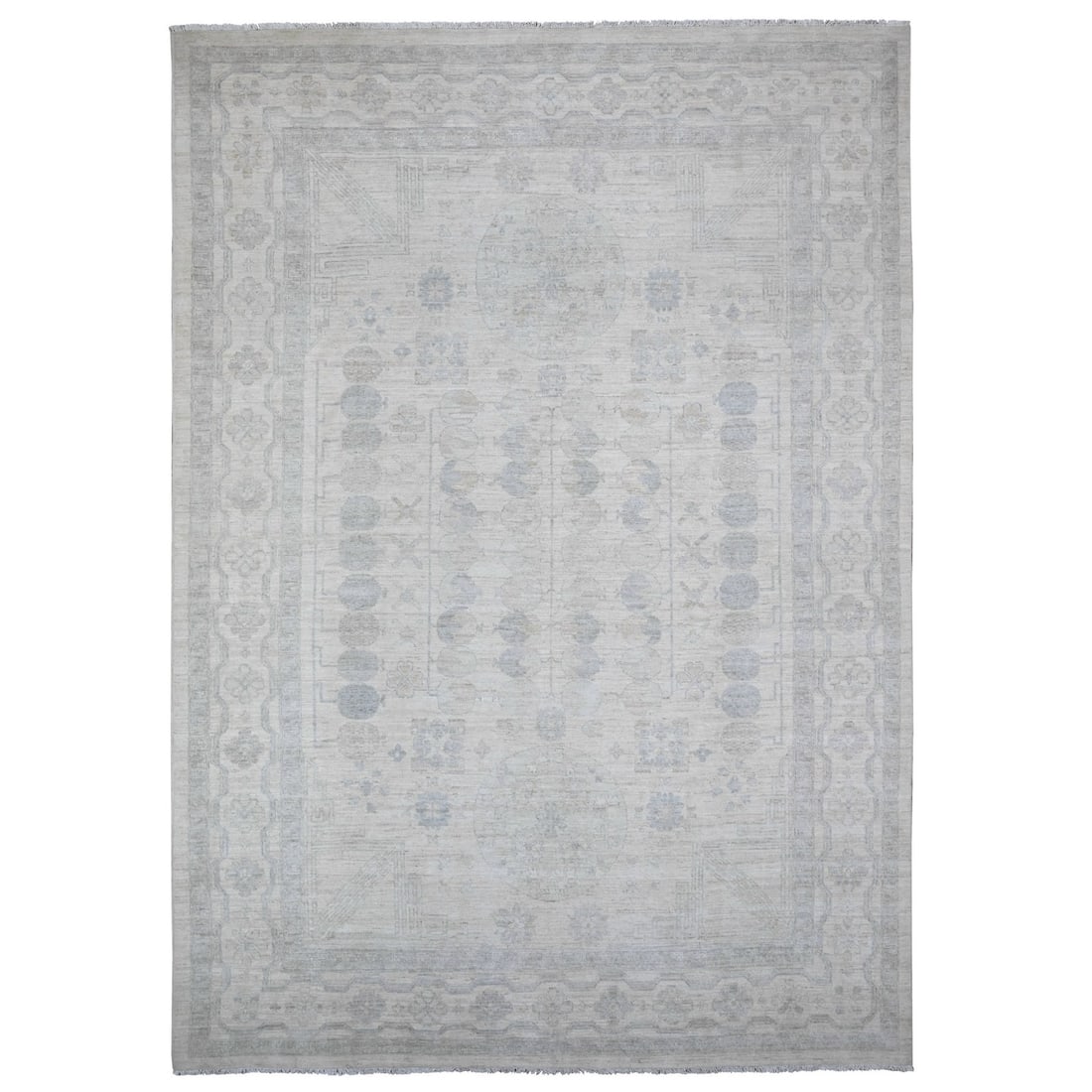 Daisy White Hand Knotted Pure Wool White 9'8"x13'6" Wash Peshawar Rug: Daisy White Hand Knotted Pure Wool White 9'8"x13'6" Wash Peshawar Rug This stunning Peshawar-style rug boasts an exquisite ivory color and intricate hand-knotted wool design, showcasing the exceptiona
