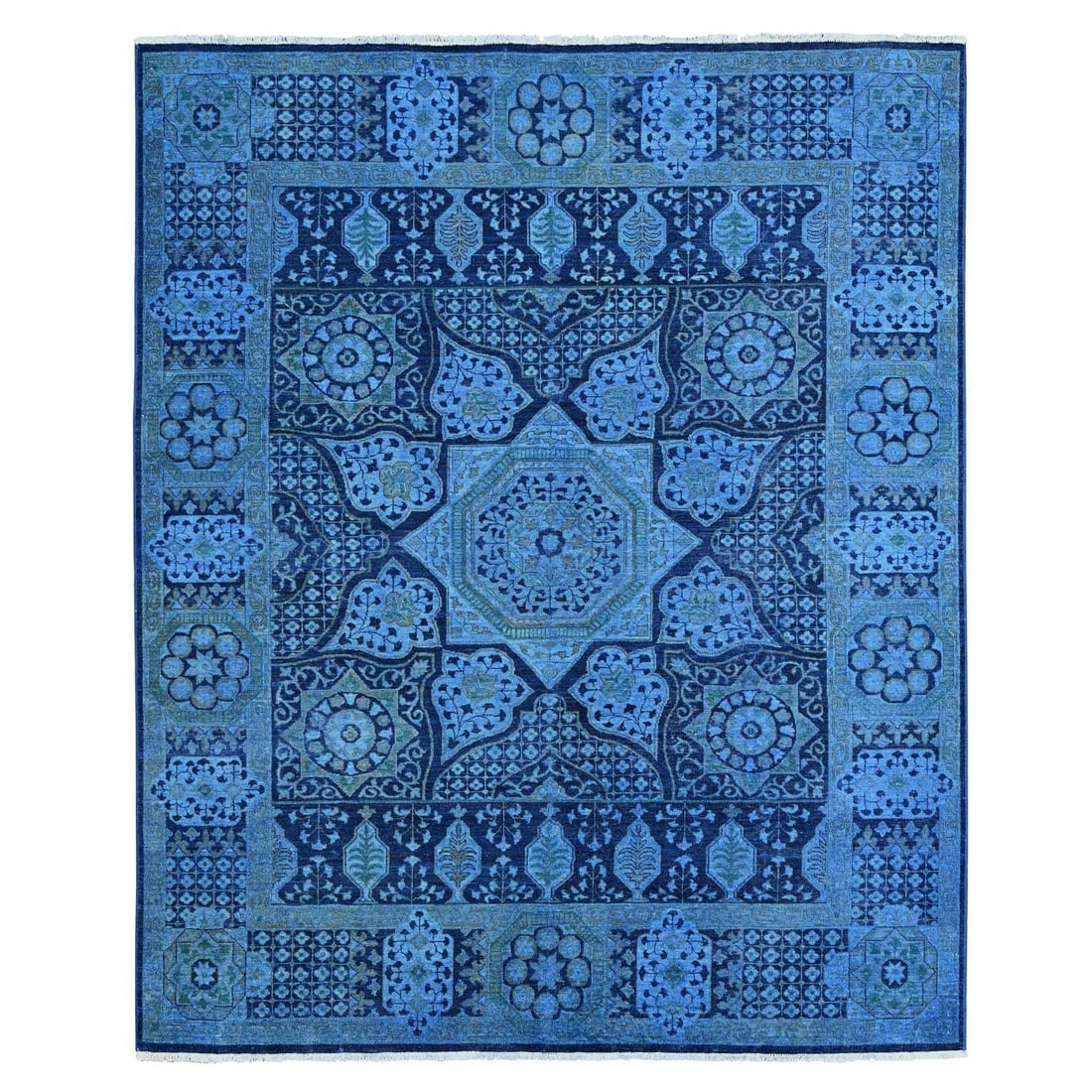 Blue Peshawar Mamluk 8 x 9 6 Hand Knotted 100% Wool Distressed Rug: Blue Peshawar Mamluk 8 x 9 6 Hand Knotted 100% Wool Distressed Rug Blue Peshawar Mamluk rug boasts an authentic hand-knotted design in rich blue hues, set against a cotton foundation. This stunning