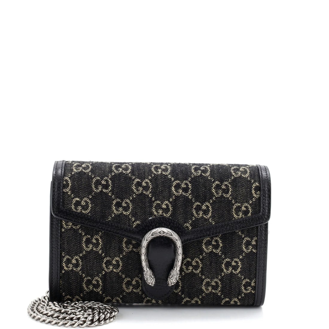 Dionysus Chain Wallet for Women in Denim by Gucci: Dionysus Chain Wallet for Women in Denim by Gucci The Dionysus Chain Wallet for Women in Denim by Gucci boasts a striking black exterior with scuffs and edge wear, adding a touch of worn elegance. Mad