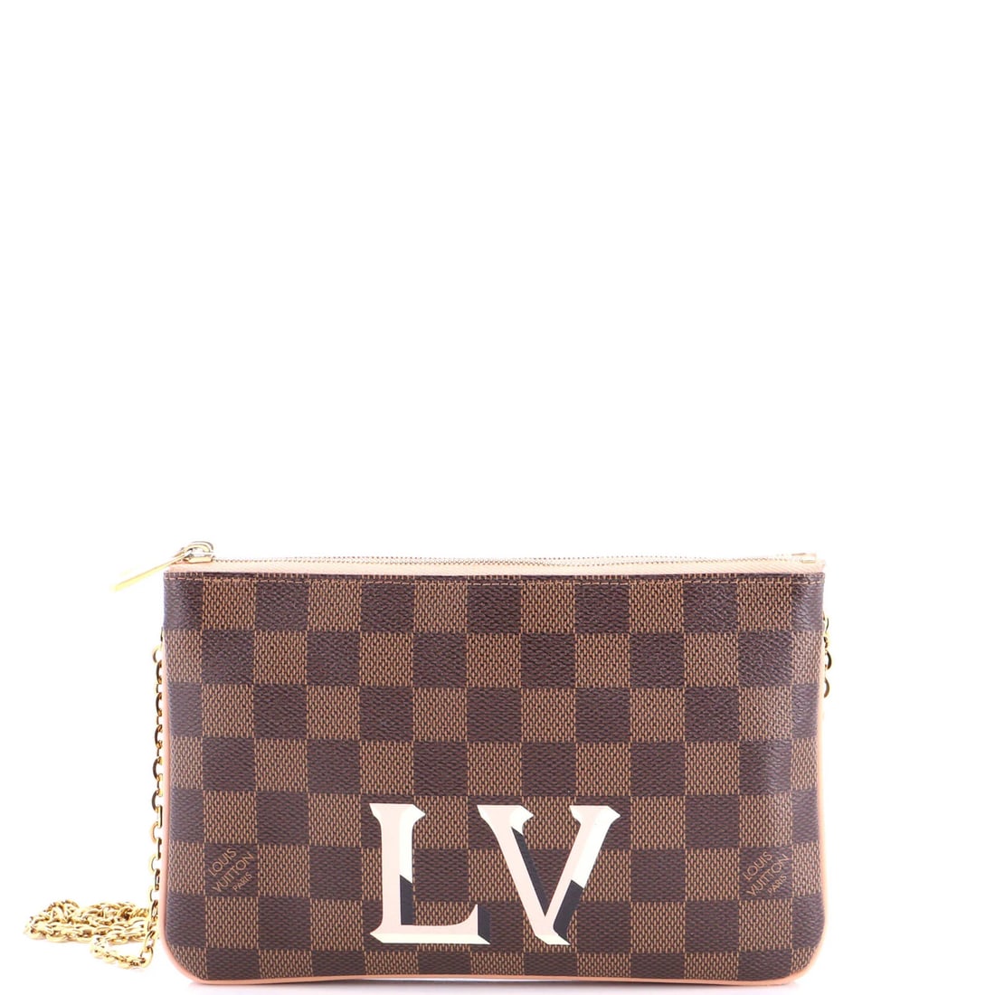 Damier Pochette Double Zip Louis Vuitton: Damier Pochette Double Zip Louis Vuitton The Damier Pochette Double Zip Louis Vuitton boasts a unique canvas coated exterior with a striking brown and pink print. This stylish clutch features a gold