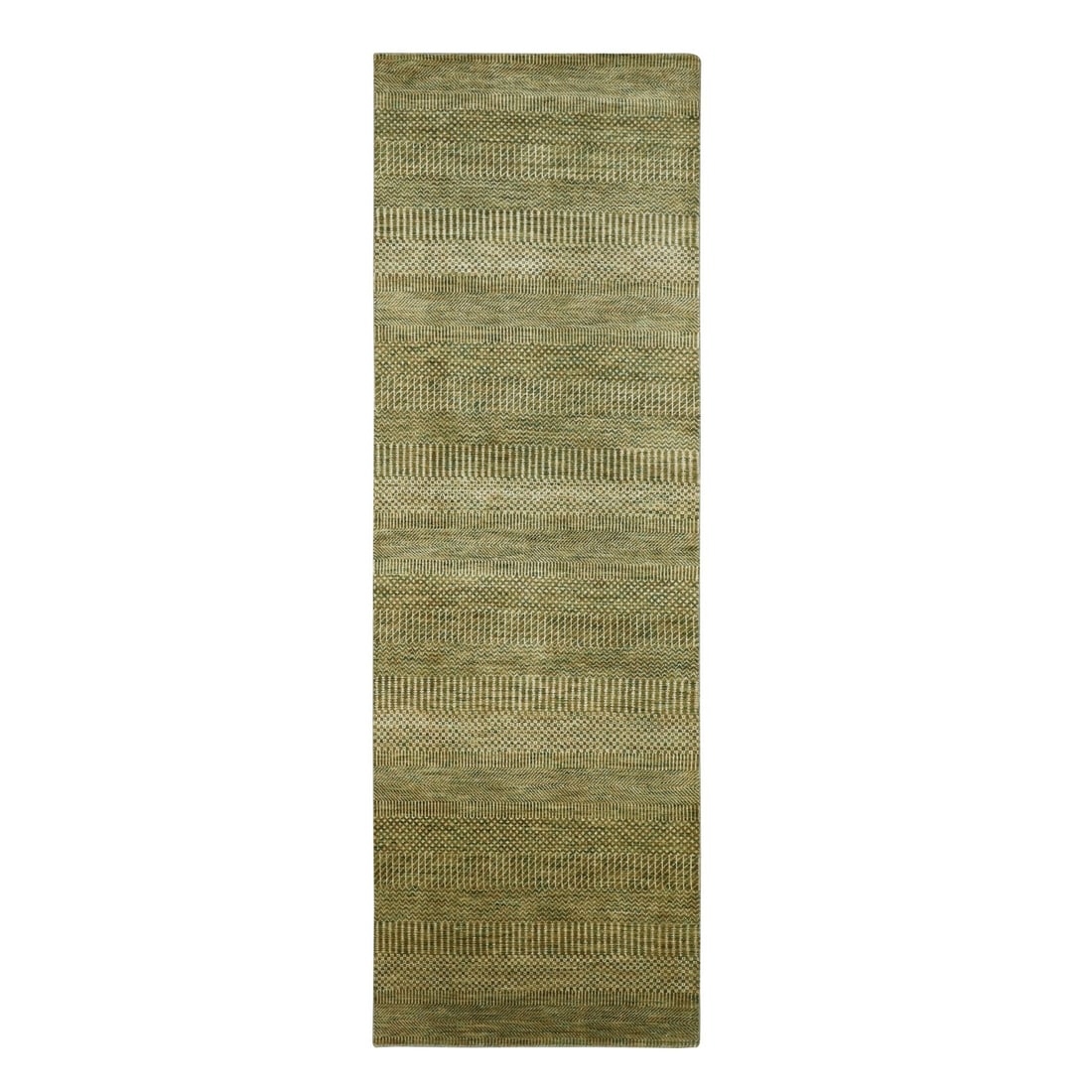 Brown Wool Silk Modern Grass Design Hand Knotted Runner Rug: Brown Wool Silk Modern Grass Design Hand Knotted Runner Rug Hand-knotted in wool and silk, this modern grass design rug boasts a striking brown field with subtle forest green undertones. The intricate