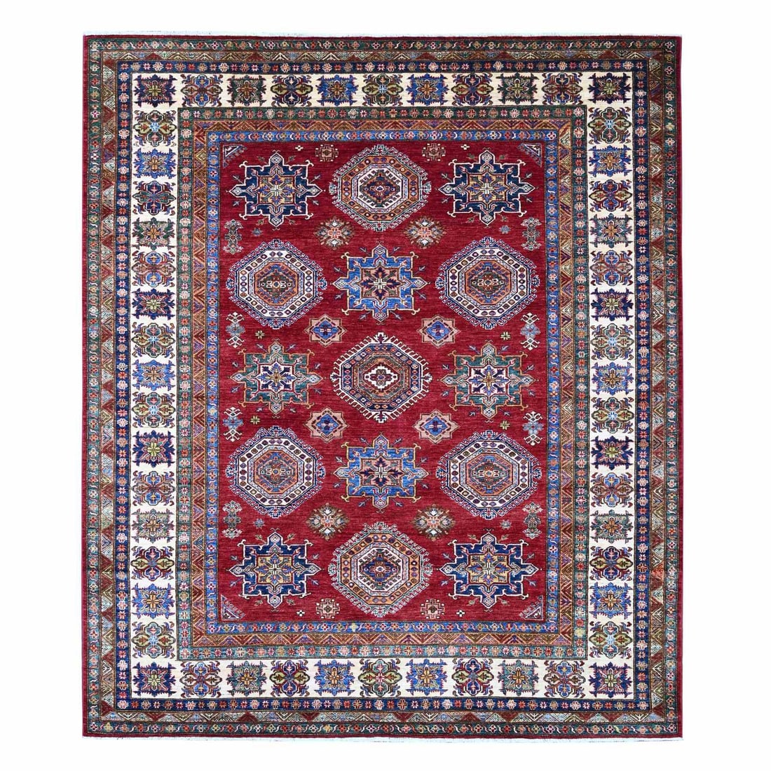Afghan Red Wool Hand Knotted Super Medallions Design 8x9: Afghan Red Wool Hand Knotted Super Medallions Design 8x9 The Afghan Red Wool Hand Knotted Super Medallions Design rug boasts a striking rectangular field with intricate geometric patterns in rich red 