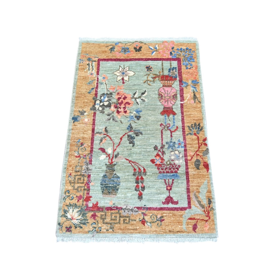Rug 2x3 Green Chinese Inspired Art Deco Hand Peshawar Knotted Wool Mat: Rug 2x3 Green Chinese Inspired Art Deco Hand Peshawar Knotted Wool Mat The Peshawar type rug boasts an intricate floral design in rich green hues against a gold border, showcasing the exceptional craf