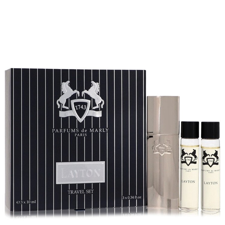 Layton Royal Essence Cologne By Parfums De Marly Three Eau De Parfum Sprays Travel Set: Layton Royal Essence Cologne By Parfums De Marly Three Eau De Parfum Sprays Travel Set Three Eau De Parfum Sprays in Travel Set. This Parfums De Marly travel set includes three 0.34 oz eau de parfum
