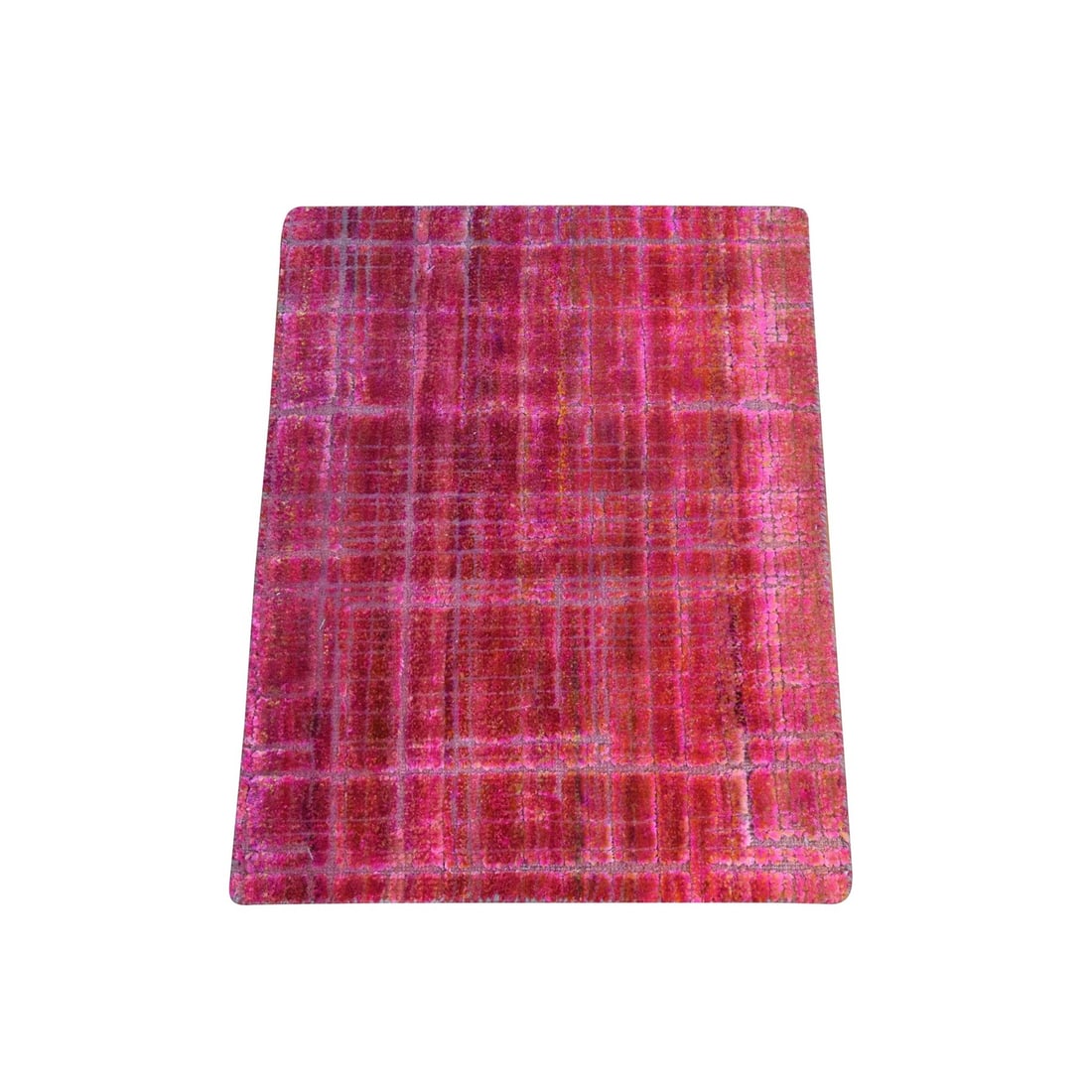 Jazzy red pure silk sample hand knotted rug: Jazzy red pure silk sample hand knotted rug Silk in vibrant red hues adds a pop of color to any room with this stunning hand-knotted rug. Made from high-quality sari silk and featuring an intricate