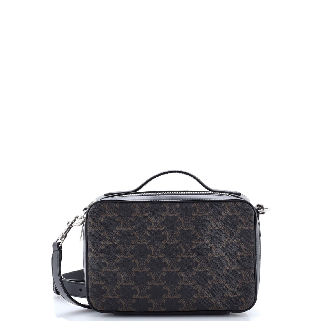 Coated Canvas Box Messenger Bag Triomphe: Coated Canvas Box Messenger Bag Triomphe Black Coated Canvas Cross Body Bag with Silver Hardware. This Celine Triomphe Messenger Box Bag features canvas coated exterior and black interior, with minor