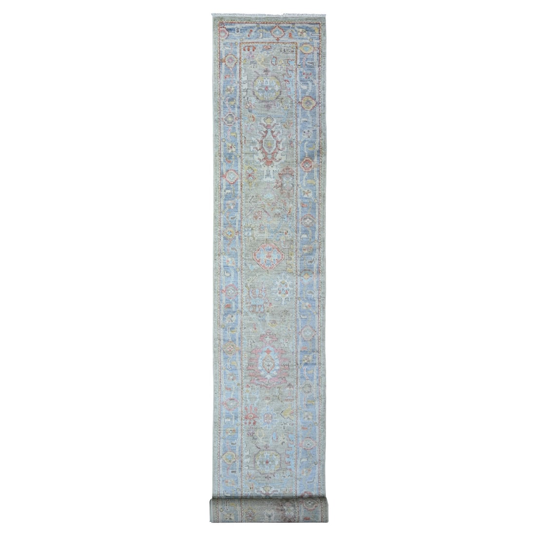 Afghan Angora Oushak Wool Hand Knots Large Gray Wool Runner Rug: Afghan Angora Oushak Wool Hand Knots Large Gray Wool Runner Rug The Afghan Angora Oushak Wool Hand Knots Large Gray Wool Runner Rug boasts an intricate Oriental design in a rich gray field, set