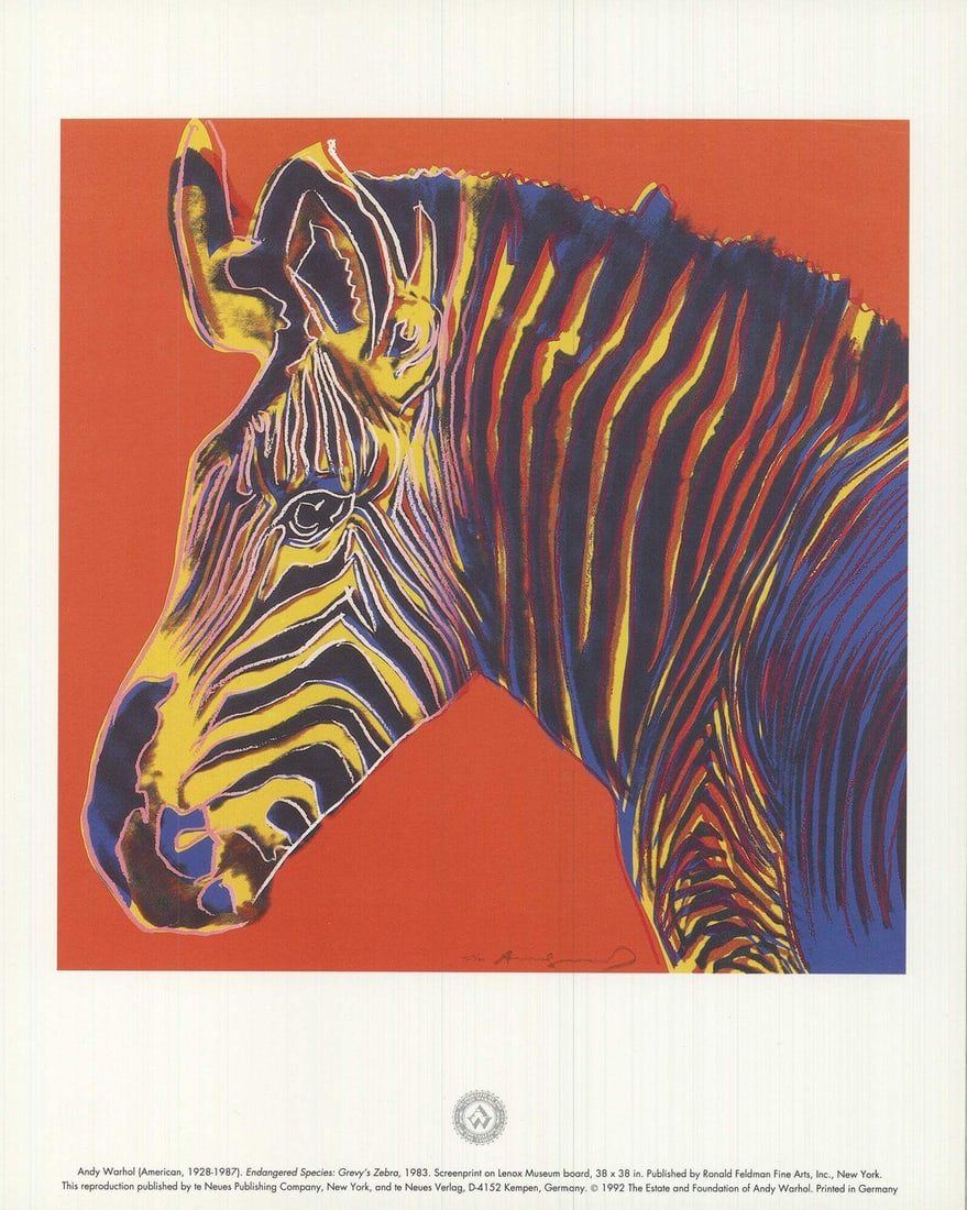 Warhol Andy endangered species grevy's zebra: Warhol Andy endangered species grevy's zebra Offset lithograph from Andy Warhol's 1992 series featuring endangered species, including the Grevy's zebra. This piece measures 8.25 x 8.25 inches and is p