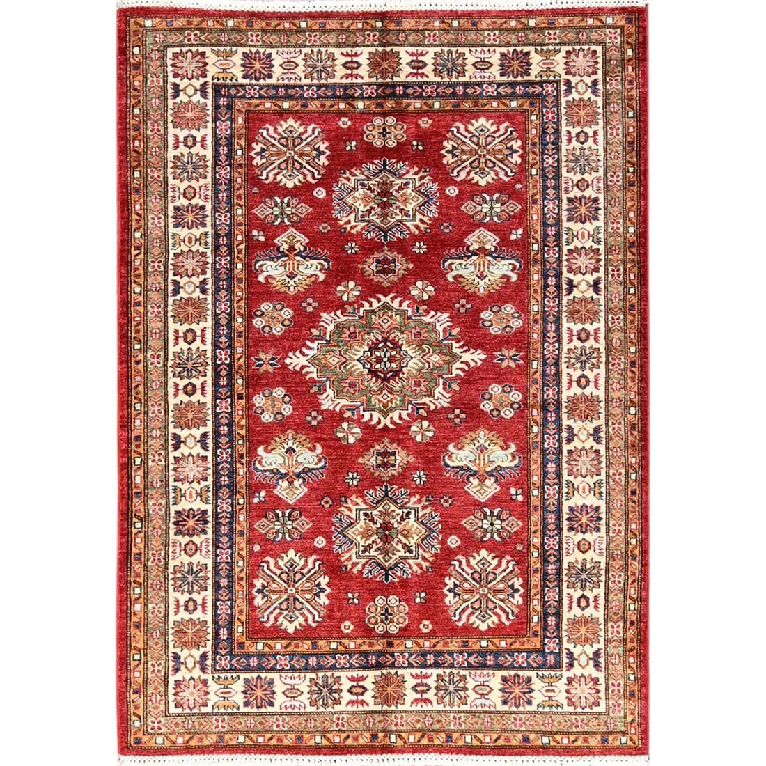 Afghan Super Kazak Medallions Red Hand Knotted Wool Rug: Afghan Super Kazak Medallions Red Hand Knotted Wool Rug The Afghan Super Kazak Medallions Red Hand Knotted Wool Rug boasts a striking red medallion design against an ivory border, set against a rich