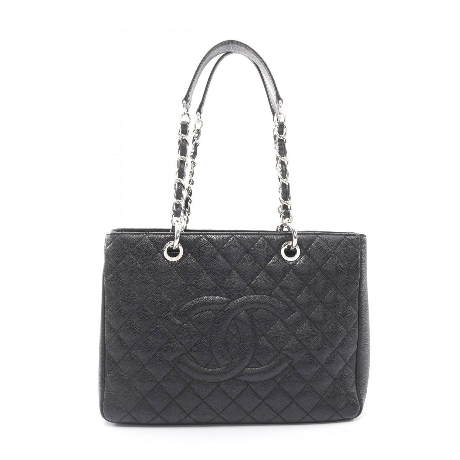 Chanel Tote Bag Leather: Chanel Tote Bag Leather Black leather Chanel tote bag with a classic design, featuring a few traces of usage and minor scratches/dirt. The condition is very good overall, with some signs of wear visib