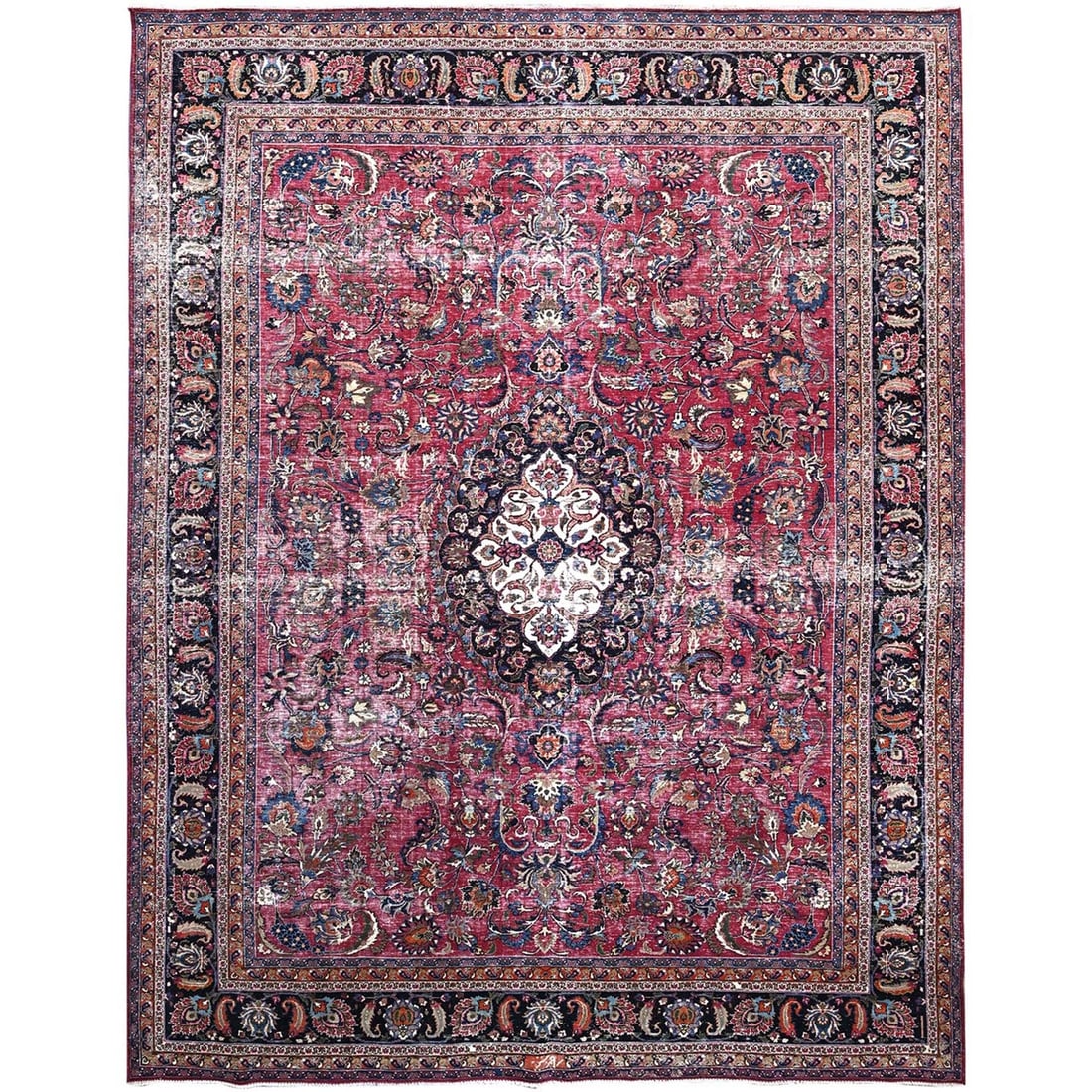 Red Worn Zoroastrian Wool Hand Knotted Rug: Red Worn Zoroastrian Wool Hand Knotted Rug Hand-knotted in traditional Turkish style, this stunning red Zoroastrian wool rug boasts an intricate oriental design and rectangular field shape. Made from 