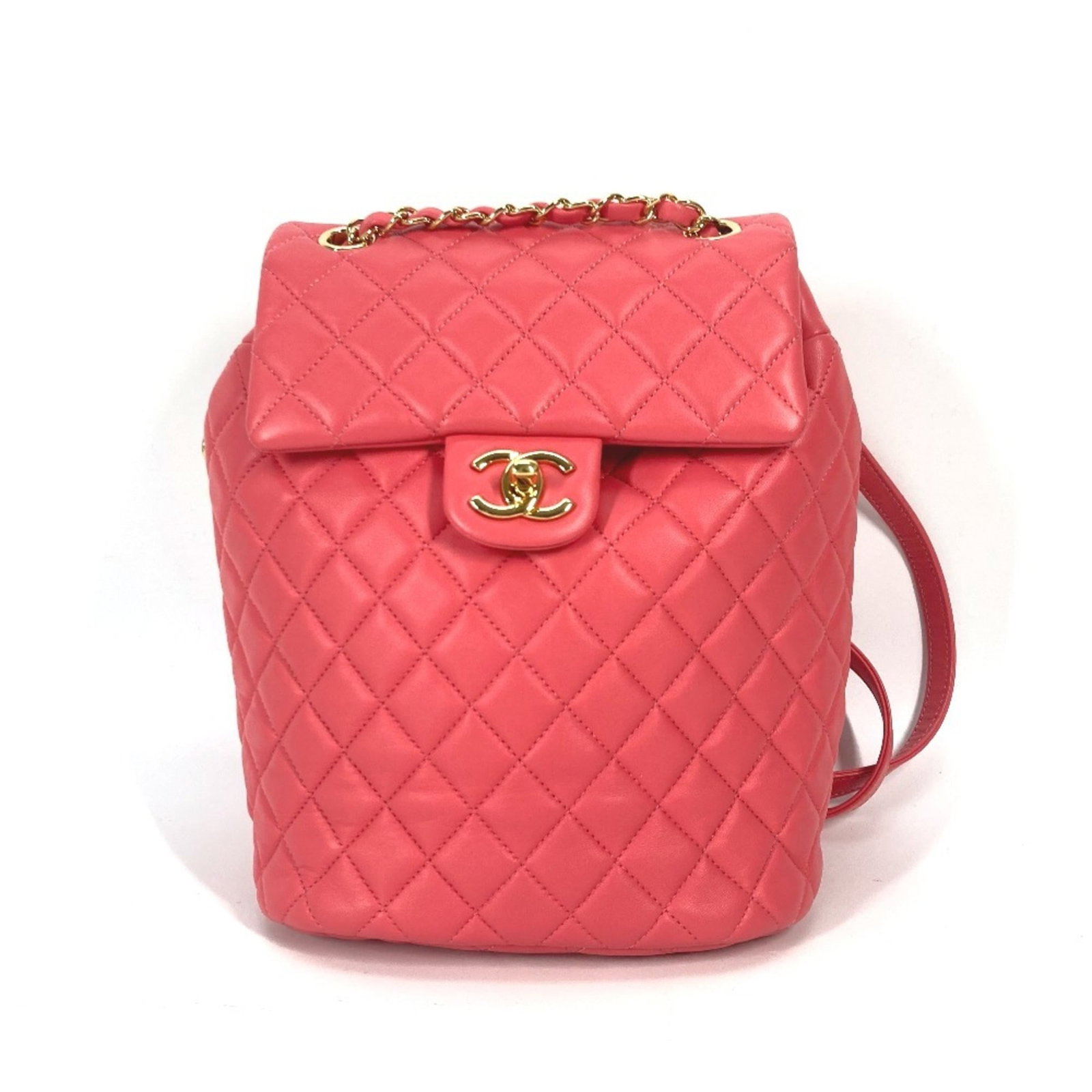 Chanel Backpack Leather: Chanel Backpack Leather Chanel Backpack Leather in Pink. This stylish backpack features lambskin leather, gold hardware, and a classic design. With its compact size and luxurious feel, this pink Chane