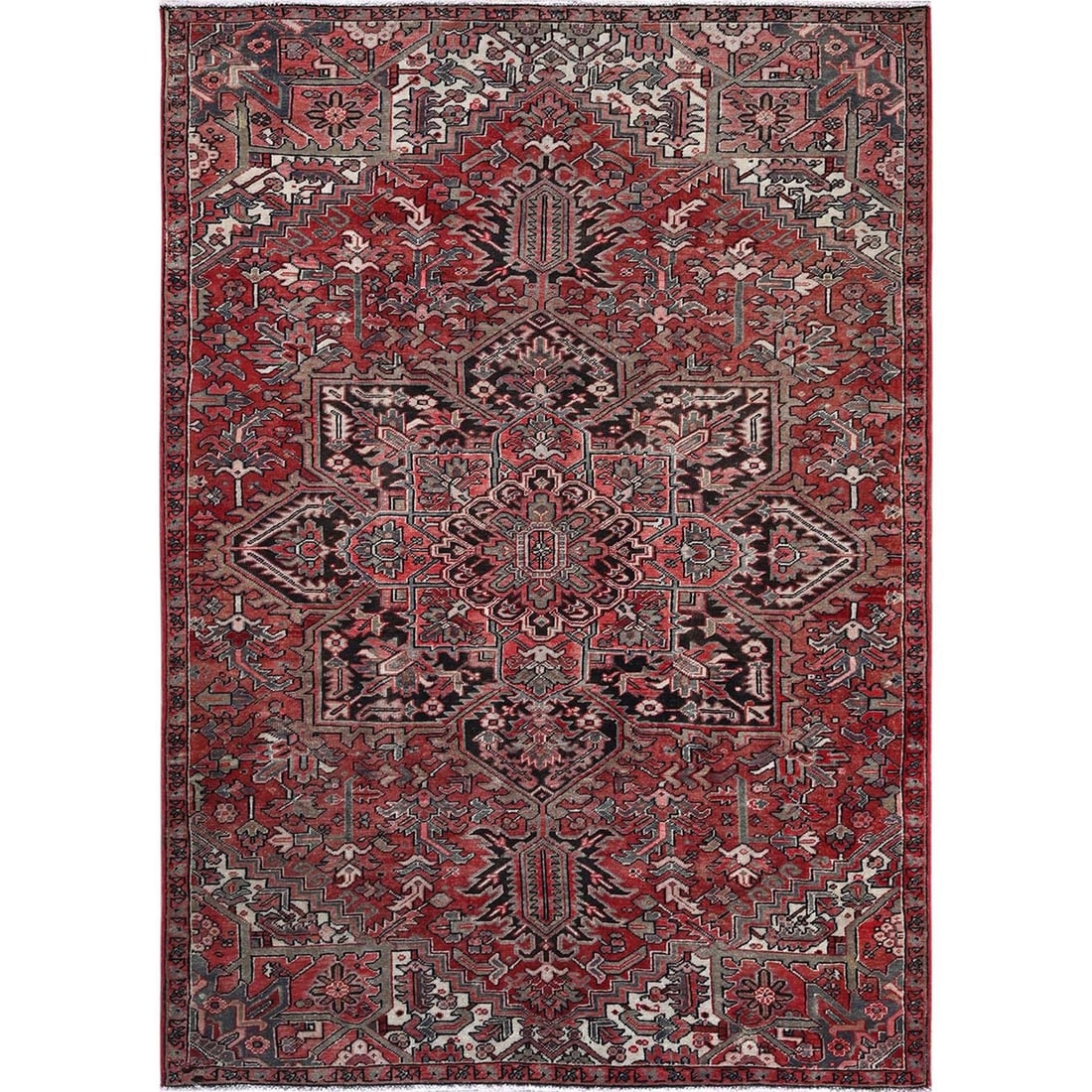 6'7 Red Vintage Heris Wool Knotted Shaved Low 7'6 X10' Low Rug: 6'7 Red Vintage Heris Wool Knotted Shaved Low 7'6 X10' Low Rug The Heris wool rug boasts an impressive size and striking red color, measuring 7'6" x 10" with a rectangular field. Hand-knotted from