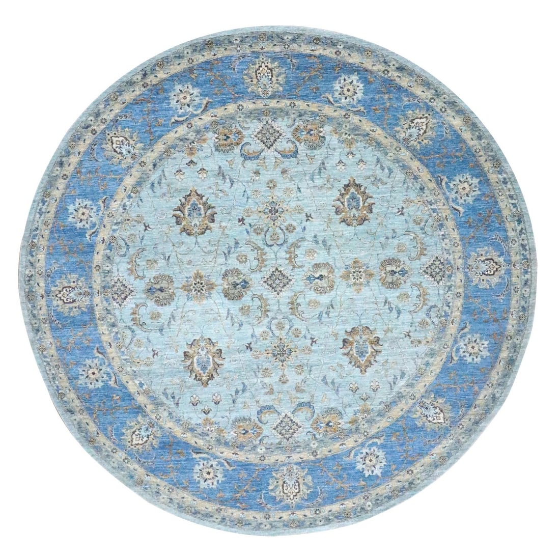 Blue Agra flower round rug knotted hand wool design: Blue Agra flower round rug knotted hand wool design The Blue Agra flower round rug boasts an exquisite hand-knotted wool design in a stunning blue hue. This intricately woven piece features a