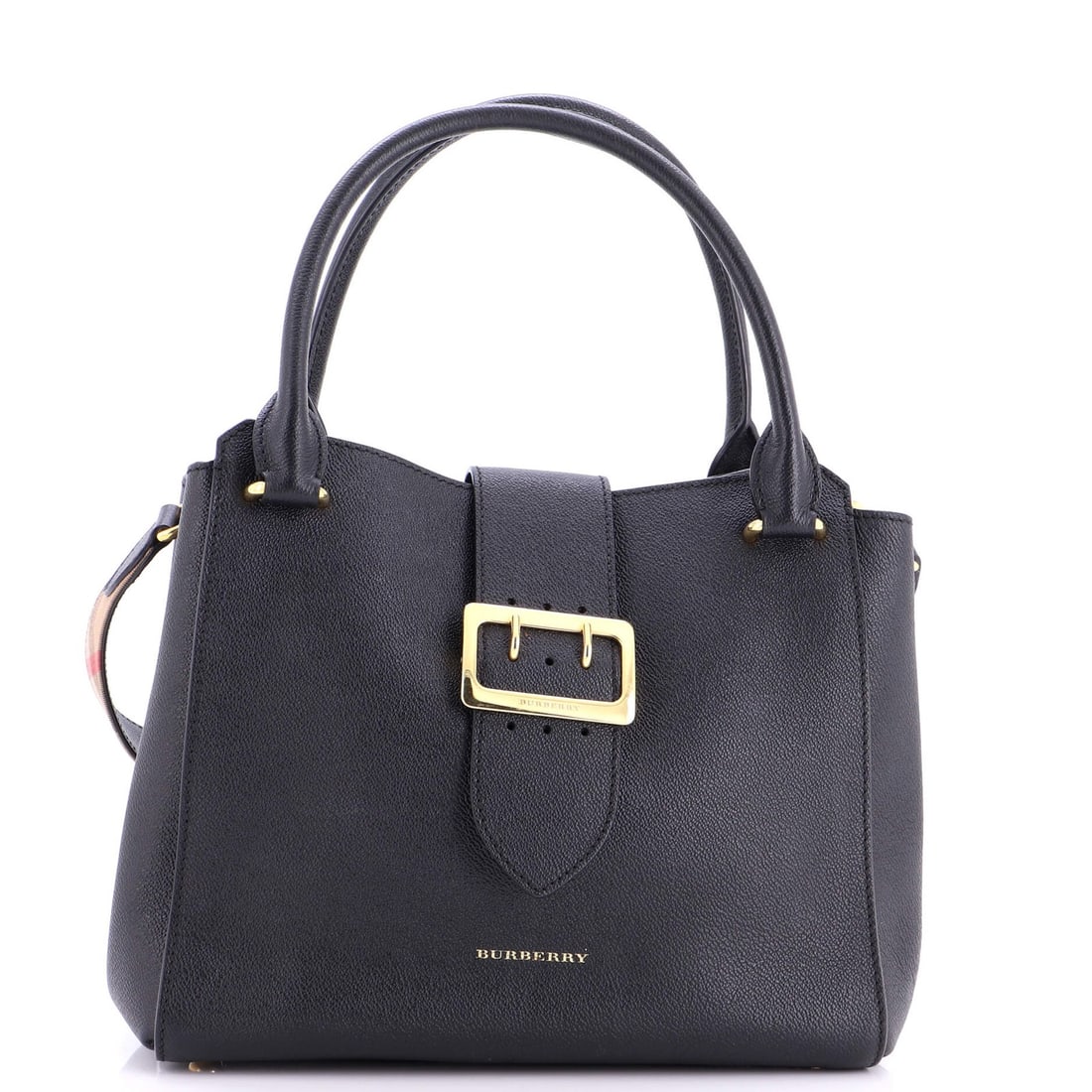 Buckle Tote Bag Medium Leather: Buckle Tote Bag Medium Leather Medium Leather Buckle Tote Bag in Black features a classic design with gold hardware and neutral interior. With its durable leather exterior showing signs of wear from