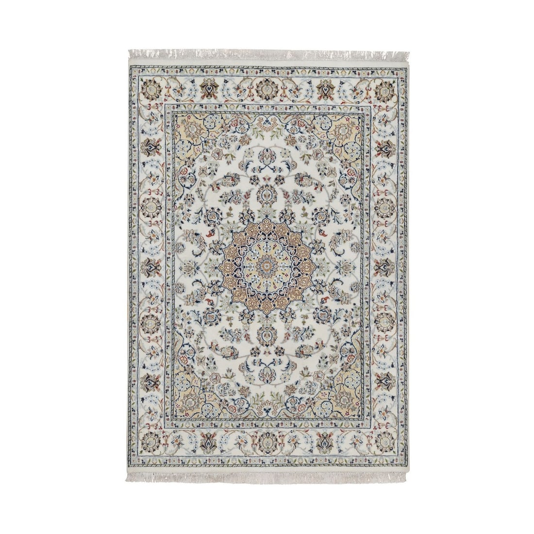 Ivory Nain Four Eight By Six Ten Inch Hand Knotted Wool Silk Rug: Ivory Nain Four Eight By Six Ten Inch Hand Knotted Wool Silk Rug Hand-knotted with wool and silk, this stunning Nain-style rug boasts an intricate medallion pattern in ivory hues. Measuring 4'8" x 6'1