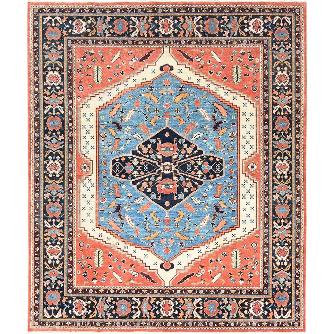 Coral Orange Afghan Peshawar Heris Wool Hand Knotted Rug 8' x 9'6: Coral Orange Afghan Peshawar Heris Wool Hand Knotted Rug 8' x 9'6 The vibrant Coral Orange Afghan Heris Wool Hand Knotted Rug boasts a stunning rectangular field with an intricate Oriental Regional