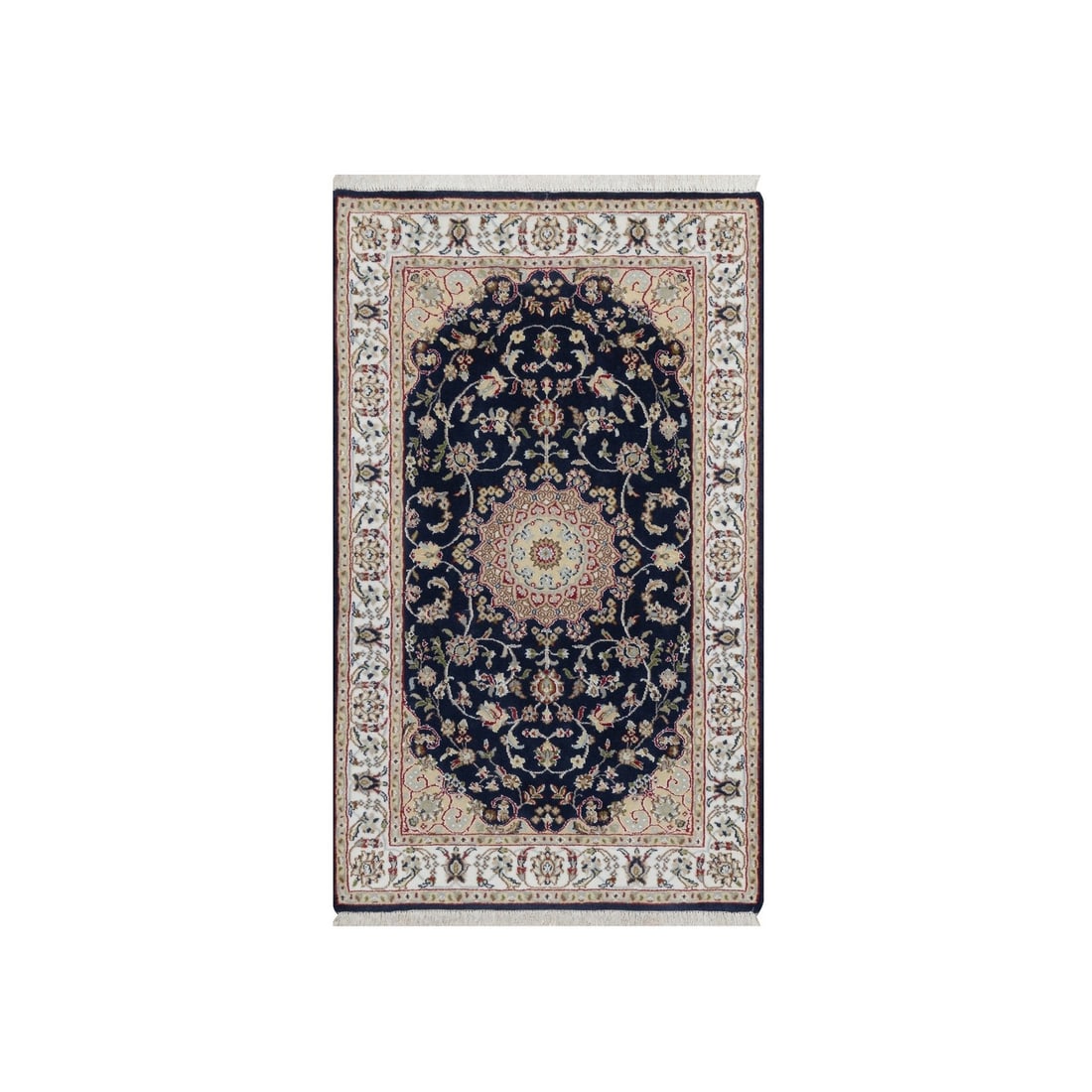 Navy Nain Medallion Design Hand Knotted Wool Silk Mat Rug: Navy Nain Medallion Design Hand Knotted Wool Silk Mat Rug Hand-knotted with wool and silk, this stunning Navy Nain Medallion Design rug boasts intricate patterns in shades of blue, green, red, brown,